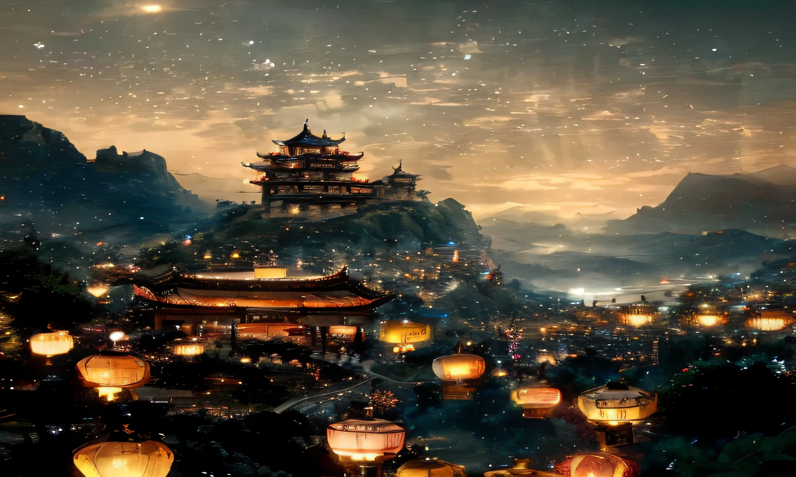 A close-up of a city,Many lanterns fly in the air, dreamy Chinese towns, Beautiful rendering of the Tang Dynasty, dreamland of chinese, cyberpunk chinese ancient castle, Ancient Chinese architecture, Chinese fantasy, amazing wallpapers, oriental wallpaper, Beautiful wallpaper, Chinese landscape, Chinese architecture, exquisite matte painting, Chinese style, ancient city landscape, Chinese village, high quality matte painting