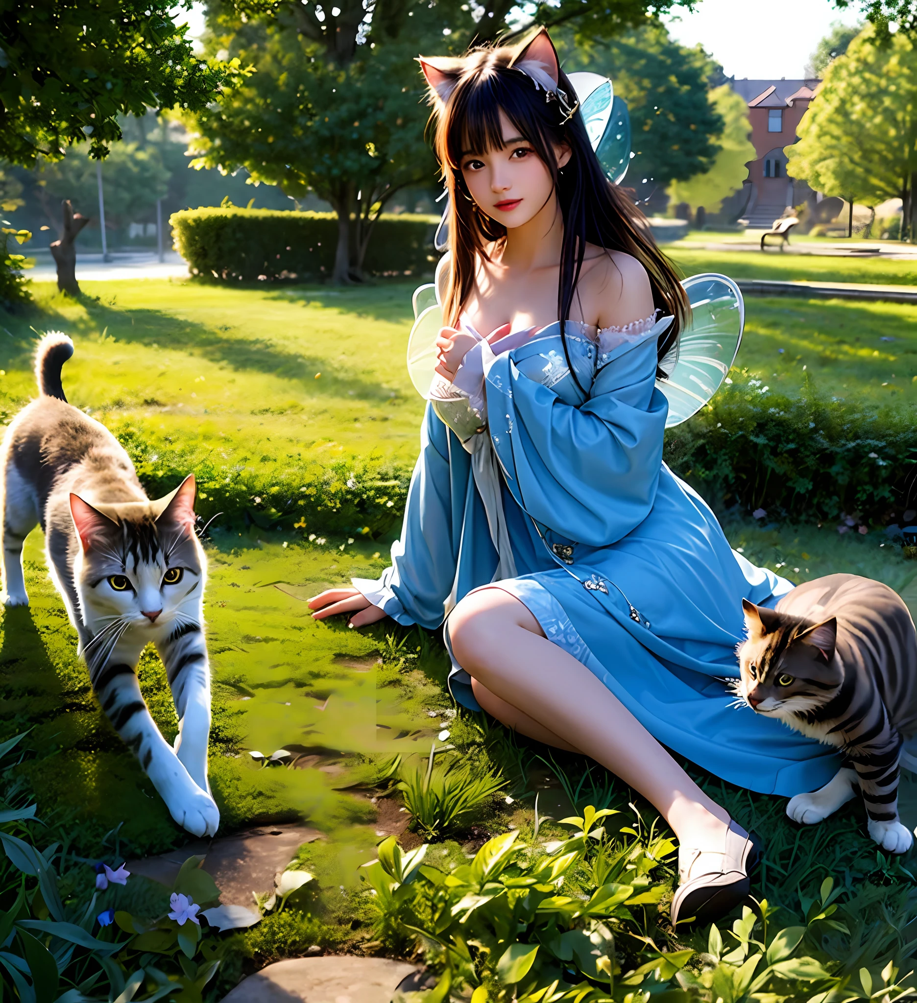 (Fairy and beautiful cat,8K,top-quality,beautiful hairl,odd eye，Fantastical,​masterpiece，)