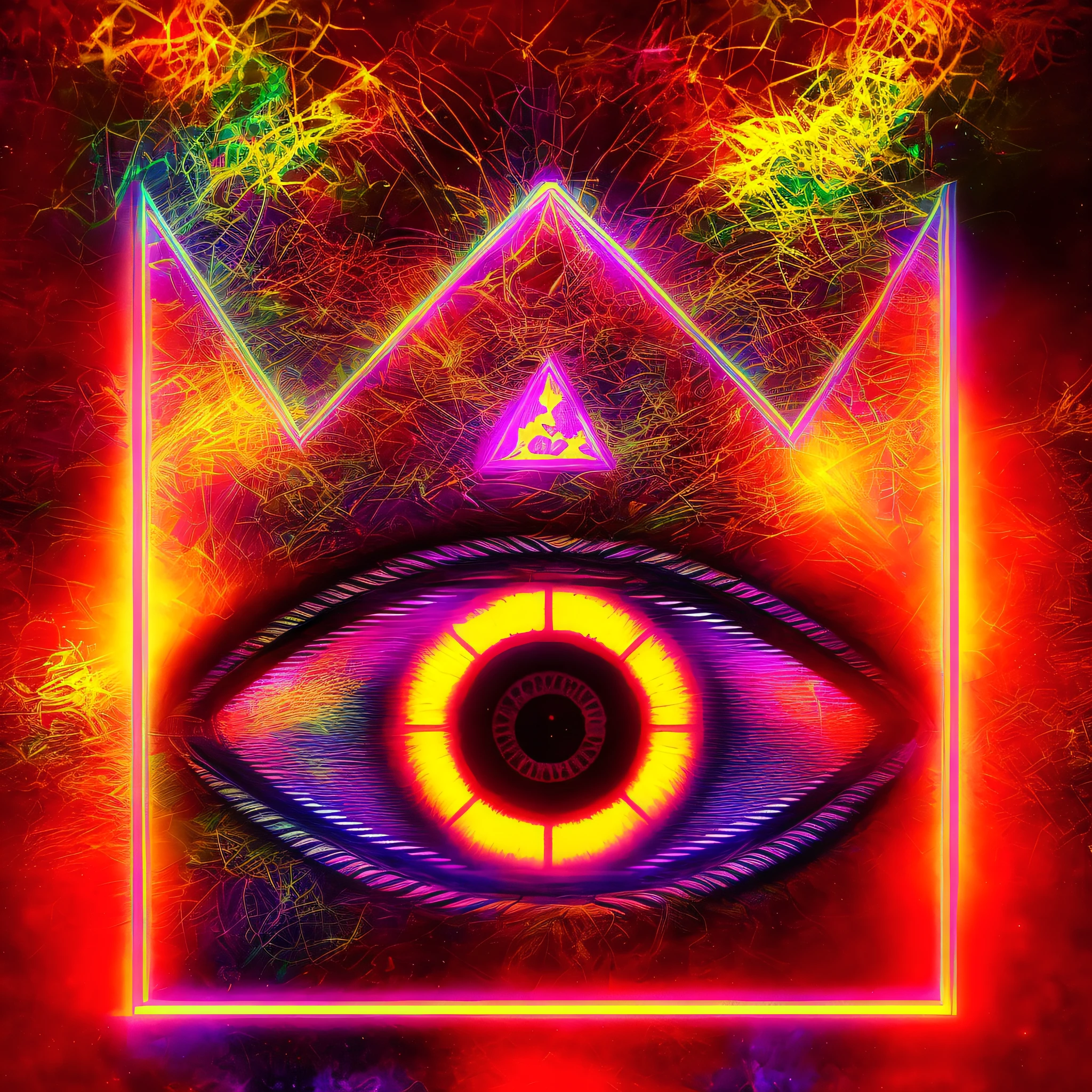 Explore the symbolism of the crown with a psychedelic twist. Um olho illuminati no centro da coroa, em estilo graffiti linear, with vivid colors and unique details, resultando em uma imagem intrigante e impactante.
