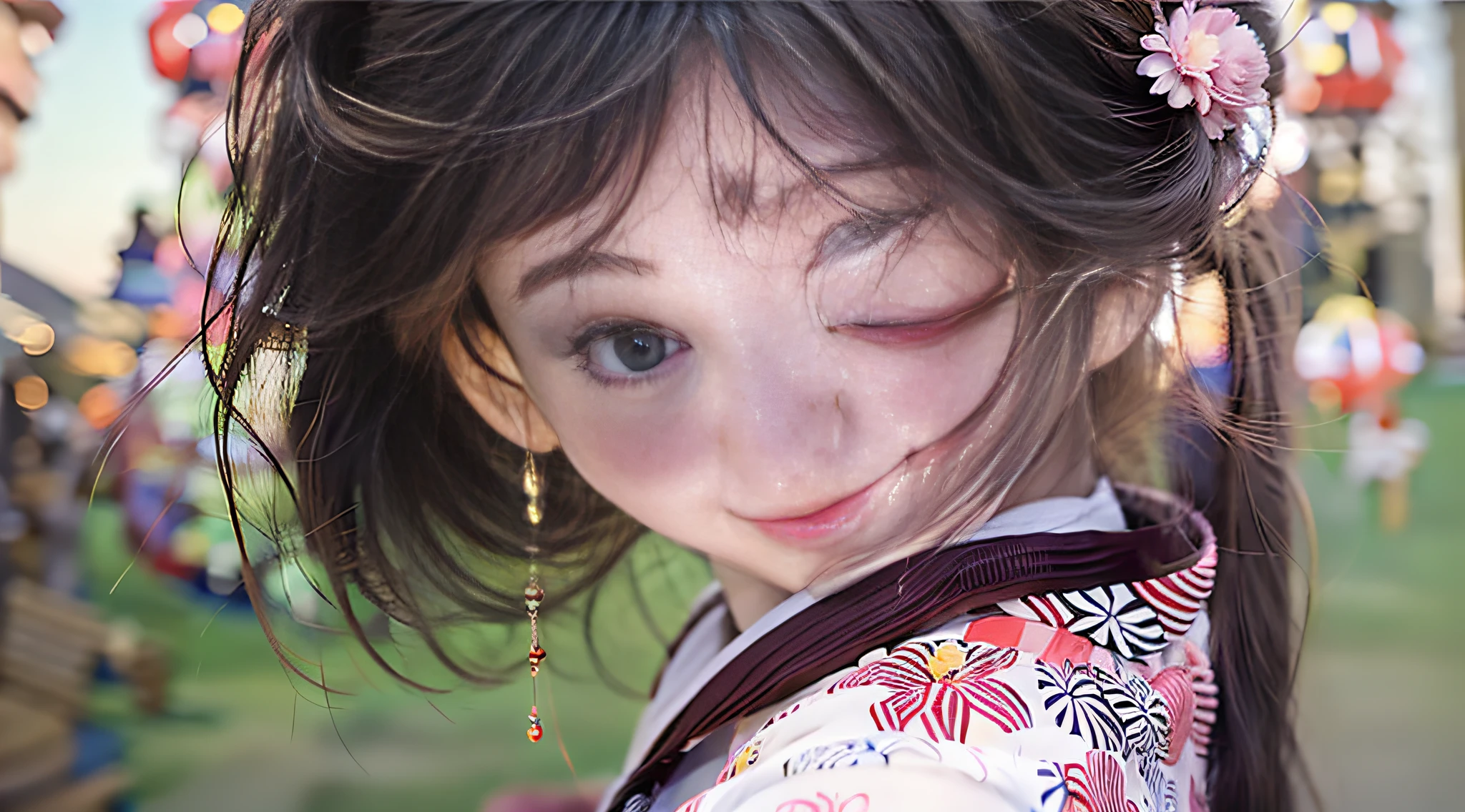 top-quality、a picture、(Photorealsitic:1.4)、(hyper realisitic:1.4)、(cinematic:1.5)、20-year-old woman、cabelos preto e longos、(beautiful and delicate face)、High-quality eyes、Yukata with hydrangea pattern、Hoi An、Lots of lanterns、natta、