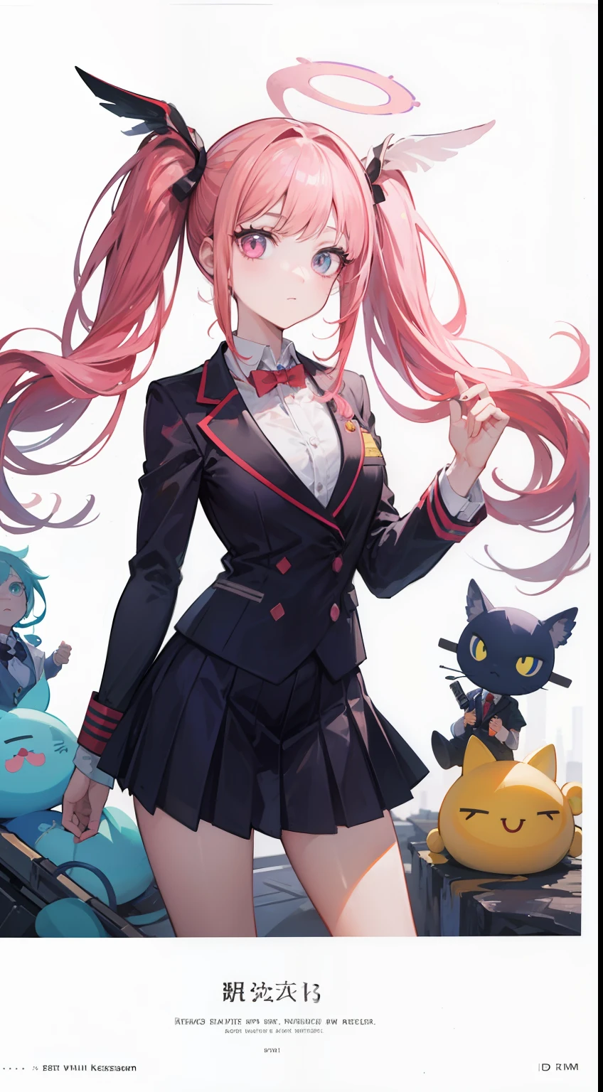 An anime character in business clothes stands in the middle of the picture, Raise your left hand to the telescope，concept art by Kamisaka Sekka, Pisif, Sots Art, ace attorney style, rimuru and milim, puce and vermillion, offcial art, vermillion and cyan, digital art from danganronpa, Busts of figures, Clean background official character art
