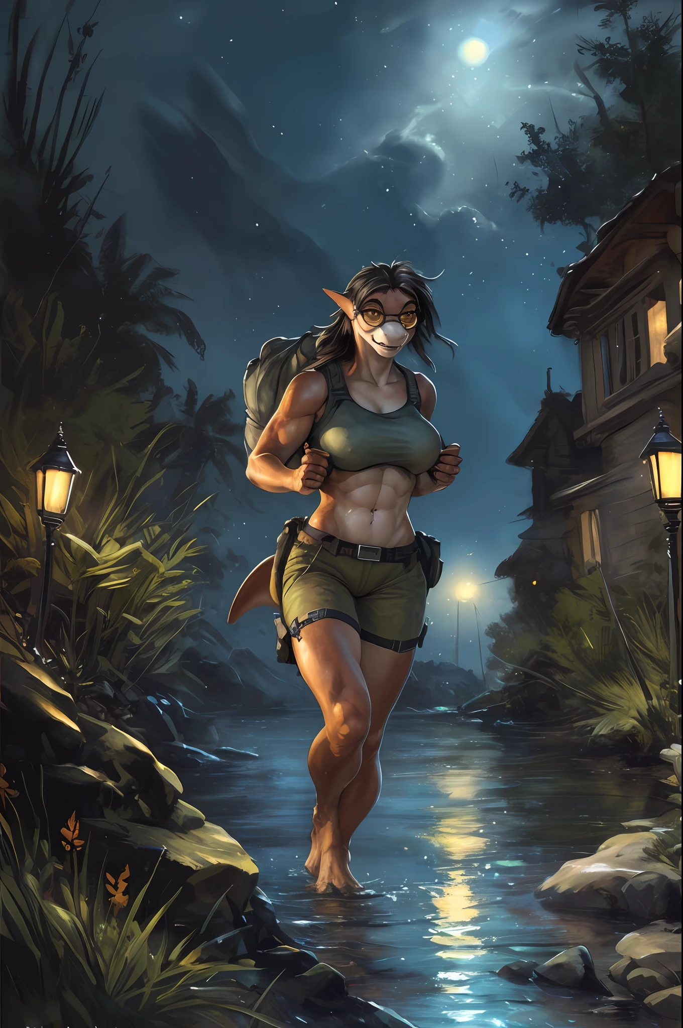 solo, (beautiful female:1.4), (nice shark girl),  ( fit, abs), busty, big erect breasts, erect nippleslips,  slim waist, (black hair),  ( female shark | Lara Croft ), (((female))),  orange body scales, white belly,  (kemono:1.4)
( khaki shorts ), lightblue crop top, ( two pistols-gans ( on hips | in hands )   ), wide belt, thick and long braid, (red round glasses of Lara Croft :1.2), red glasses, ( small backpack on her back:1.2),  e621, (female body), seductive body, sexy, 
 shark tail, cameltoe,  (body portrait), [slim swimsuit], 
(detailed eyes, detailed pupils, yellow eyes, glowing eyes),
(outdoors),   ocean beach , candle, night, (particles ,firefly, blue glowing), torch, seeker of adventures
detailed background, photorealistic, realistic hands, 8k HD,
(dark shadows, wide dynamic range, hdr, low light:1.2),
by (by Pino Daeni, (by ruaidri), (by virtyalfobo), (by Kenket). by iskra, by darkgem,