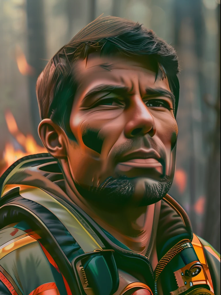 Close-up of a person with strong determined attitude, resilient, forest fire background, close-up shot, realistic.