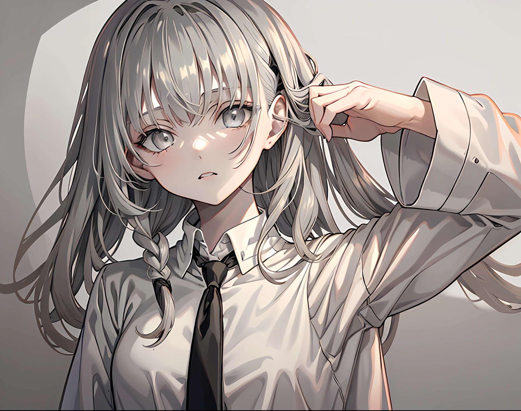 【Highest Quality, masutepiece】 [girl, Manteau, expressioness, Gray eyes, front facing, Long hair, parka, Upper body] (Gray white background:1.7), black necktie, head phone, Sexy face, Beautiful eyes