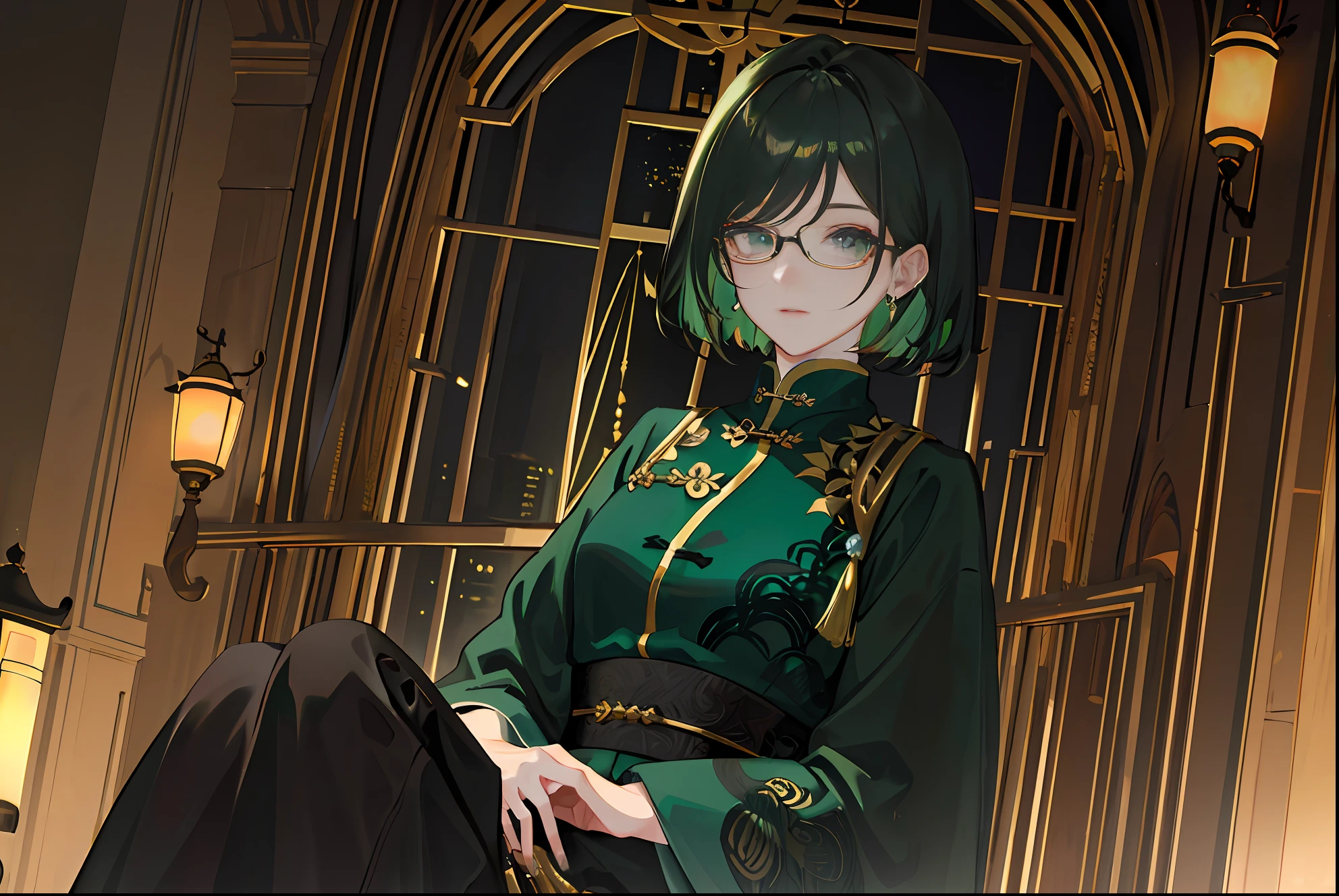 (Masterpiece, side-lighting, Ultra-detailed, fine detailed beautiful eyes: 1.2), 1girll，nightcity，Sateen，Dark green hair，short detailed hair，Black eyes，Chinese outfit，eye glass,Indifferent expression，