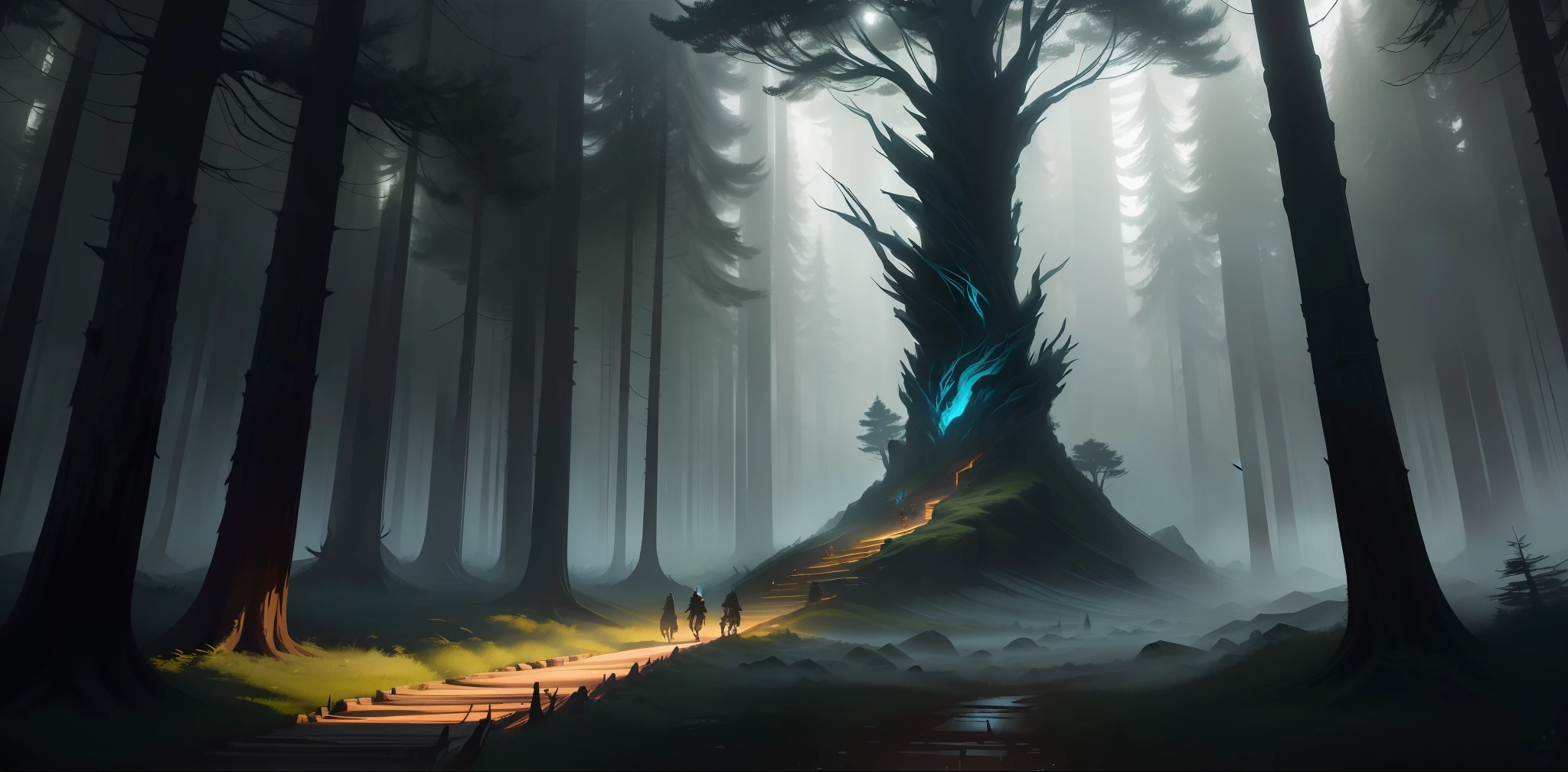 A tall tree in the forest，In the form of stylized concept art，Draw into game concept art and background art。The background artwork shows the rich environmental scene，The lighting brings out the dramatic effect。concept art of a dark forest，Highly rendered Riot game concept art。