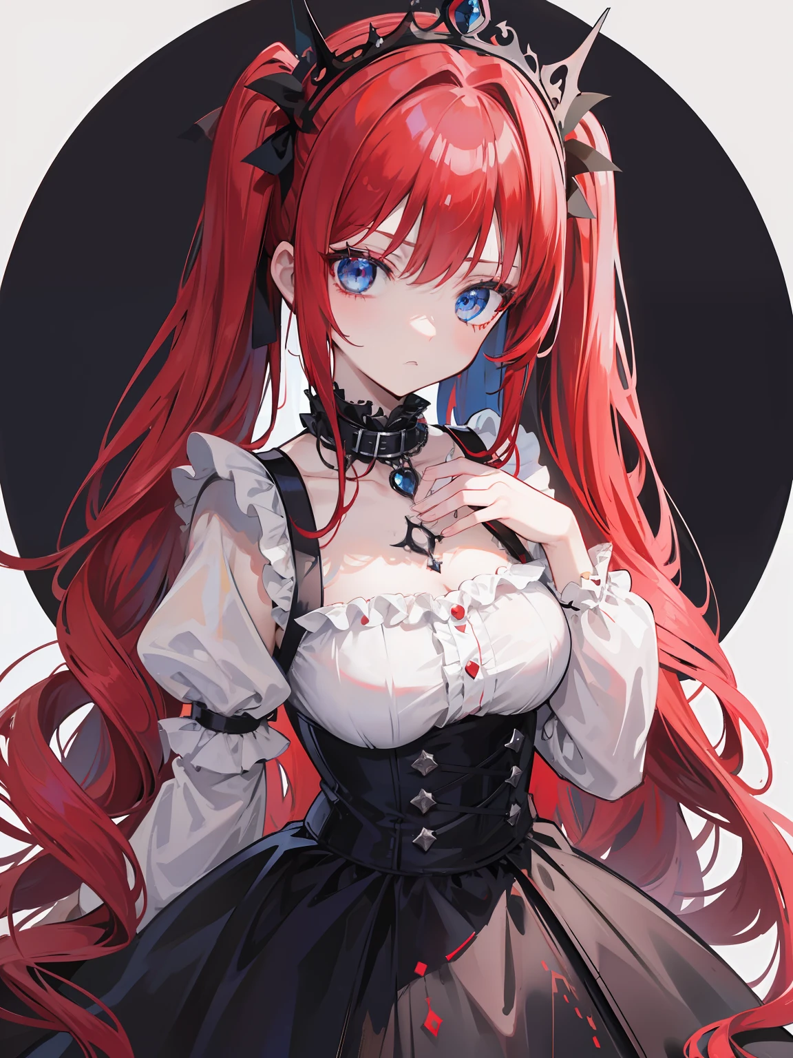 Red hair, Blue eyes, twintails, Goth Lolita, Darkgoth, Collar,Crown tiara,pride,solo,loli,Long hair,{{best quality}}, {{masterpiece}}, {{ultra-detailed}}, {illustration}, {detailed light}, {an extremely delicate and beautiful},halo,vine