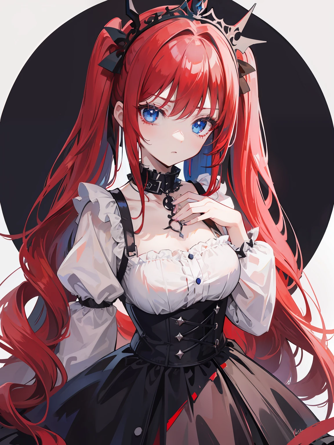 Red hair, Blue eyes, twintails, Goth Lolita, Darkgoth, Collar,Crown tiara,pride,solo,loli,Long hair,{{best quality}}, {{masterpiece}}, {{ultra-detailed}}, {illustration}, {detailed light}, {an extremely delicate and beautiful},halo,vine