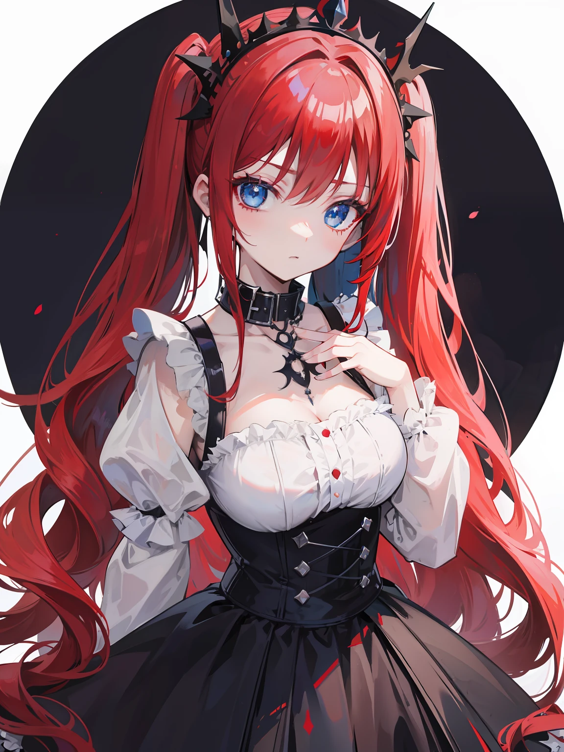 Red hair, Blue eyes, twintails, Goth Lolita, Darkgoth, Collar,Crown tiara,pride,solo,loli,Long hair,{{best quality}}, {{masterpiece}}, {{ultra-detailed}}, {illustration}, {detailed light}, {an extremely delicate and beautiful},halo,vine