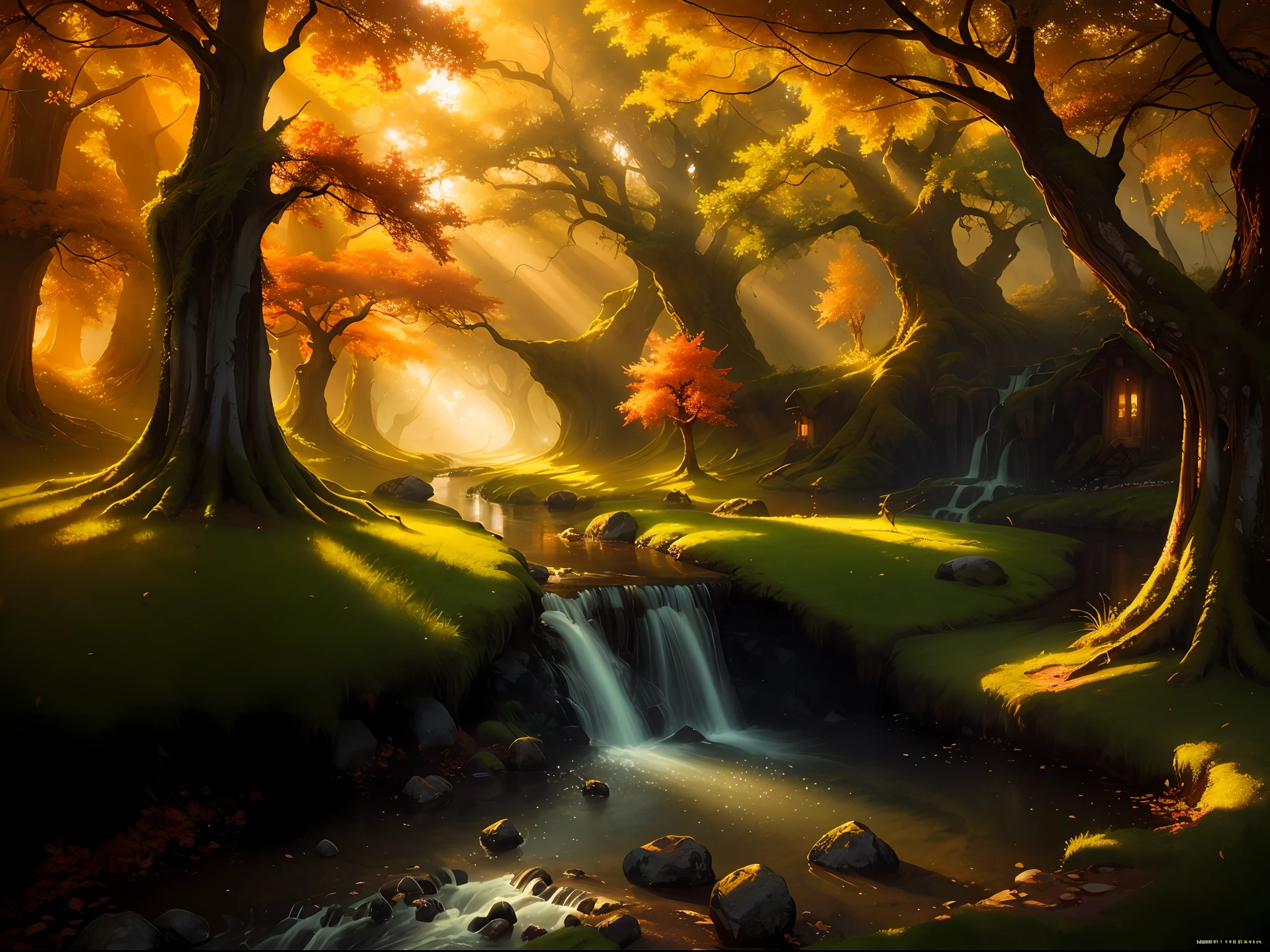 The tree々The stream flowing through the lush forest covered with grass、Illuminated by the light of the leakage of the trees, David Martin, naturalism, matte painting, forest