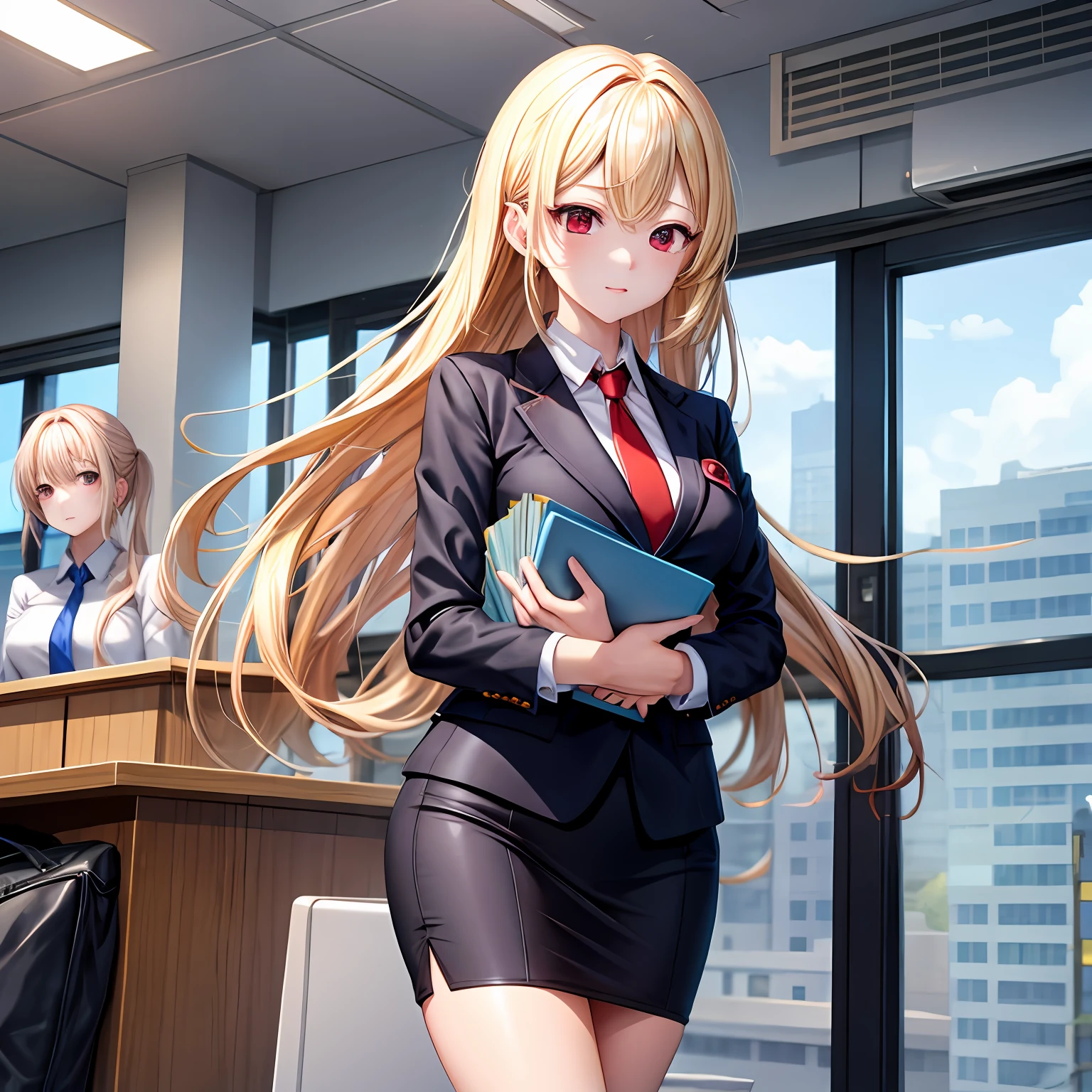 a blond、red eyes、One pretty girl、独奏、animesque、Business suits、s Office