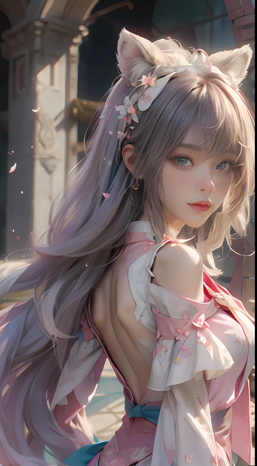 ((best qualtiy)), ((tmasterpiece)), (detail:1.4), Beautiful cyberpunk female images,hdr(HighDynamicRange),Ray traching,NVIDIA RTX,Hyper-Resolution,illusory 5,sub surface scattering,PBR textures,post-proces,Anisotropy Filtering,depth of fields,maximum definition and sharpness,Many-Layer Textures,Albedo e mapas Speculares,Surface coloring,Mitsu-Accurate simulation of material interactions,perfectly proportioned,rendering by octane,Two-colored light,largeaperture,Low ISO,White balance,Rule three points、8K raw data、Beautiful bright blue pupils,off-the-shoulder clothes,Fine pupils,Delicate face and eyes,long eyelasher,Blushlush,Delicate and fluffy hair,pink lip,Pure,Cute face,Sweet girl,Artistic sense,Casual wear,Advancedsense,butterflys,Cherry blossom petal,Beautiful hair accessories,Long hair and waist,Hair fluttering in the wind,Snow-white fox ears,curlies,Snow-white fluffy tail,Positive light,The light from the back window is backlighted
