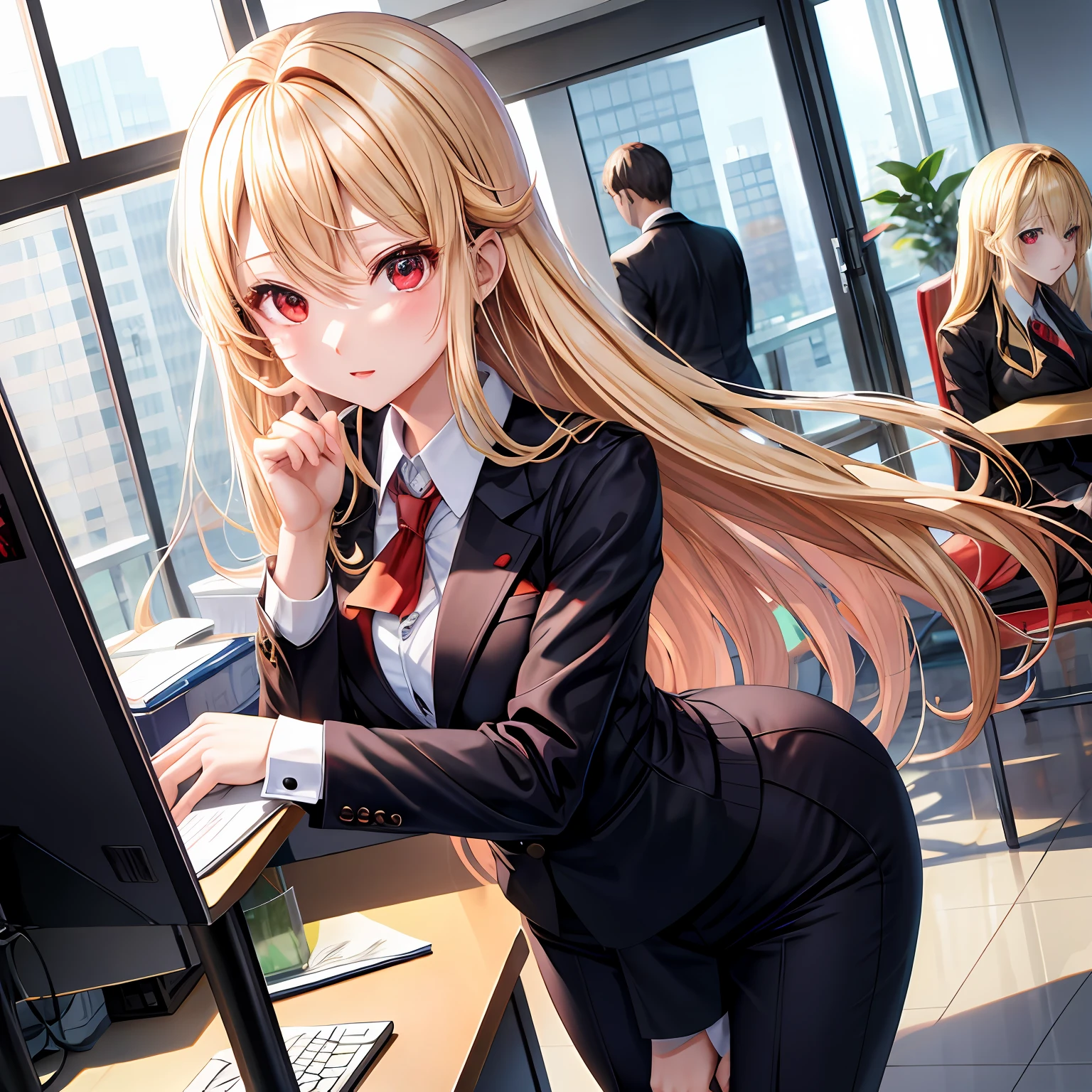 a blond、red eyes、One pretty girl、独奏、animesque、Business suits、s Office