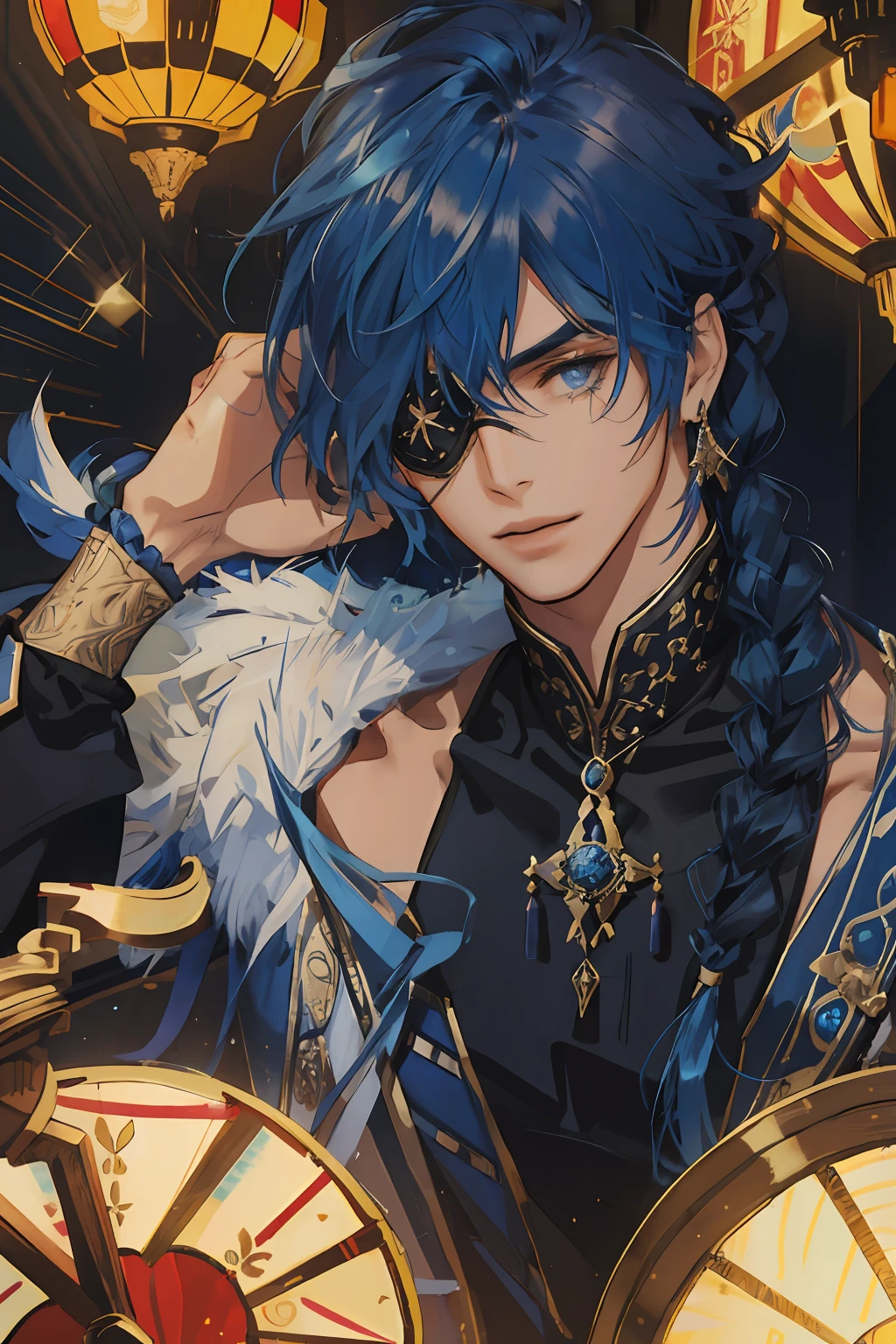 kaeya, 1male, solo man, handsome young man, blue hair, braid, eyepatch, black and blue clothes, peacock accessories, golden jewelry, upper body, cinematic lighting, stained glass lamps