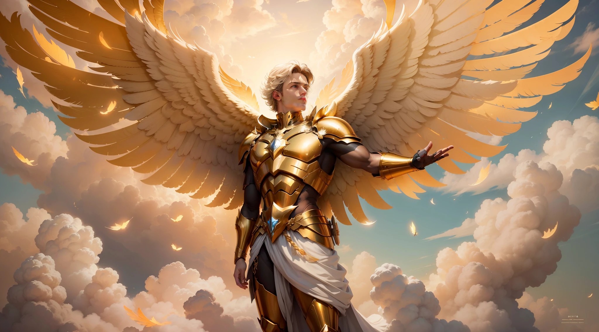 (papel de parede 8k extremamente detalhado), uma pintura realista de um Anjo (masculino) com rosto detalhado e perfeito, com armadura dourada em seu peito, with detailed wings amid the clouds in the sky with golden lights, intrincado, alto detalhe, Dramatic