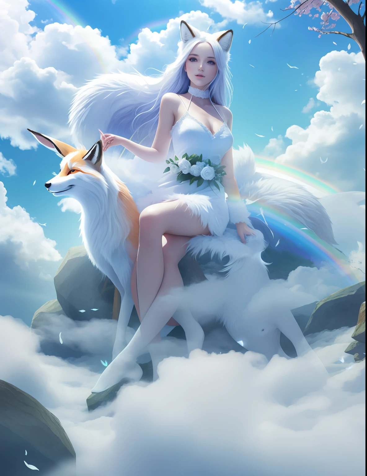 There was a fox-headed woman sitting on a rock,White fur on a fox's head,Woman body,Soft and light clothing,Skeleton on the ground,Flowing cloud,Cloud,the trees,fresh flowers,(nice hand),(Good feet),(good legs),realisticlying,white skinned,((Correct body structure)),White clothing,decorated in white,baiyun,Blue sky,Head background with round light,Behind him is a rainbow circle,Front lighting,Positive light,No shadows on the face,There are no shadows on the body,Blue sky,Unreal space,ethereal world,dreamworld,with blue sky and white clouds,tmasterpiece,4K,ultra-definition,professional photoshooting,