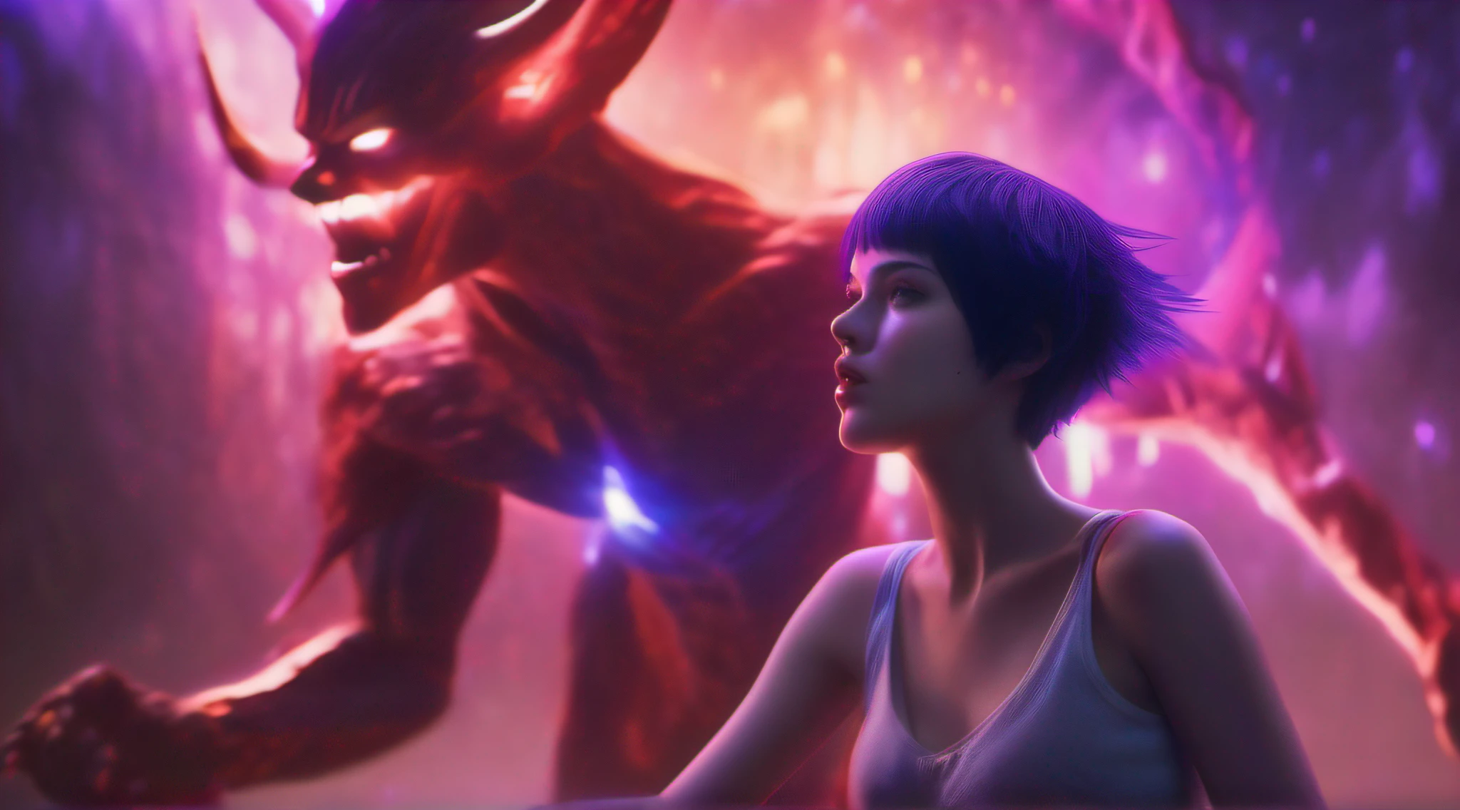 A demon chases a beautiful girl、18yo, purple short hair, blue eyes,Conceptual art, best photo shot, glowing light, realistic, UHD, textured skin, masterpiece, anatomically correct, best quality, 8k, full body,