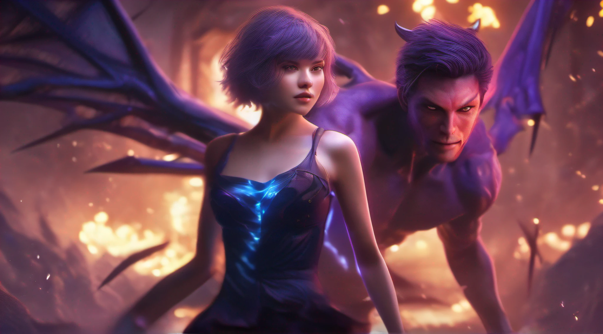 A demon chases a beautiful girl、18yo, purple short hair, blue eyes,Conceptual art, best photo shot, glowing light, realistic, UHD, textured skin, masterpiece, anatomically correct, best quality, 8k, full body,