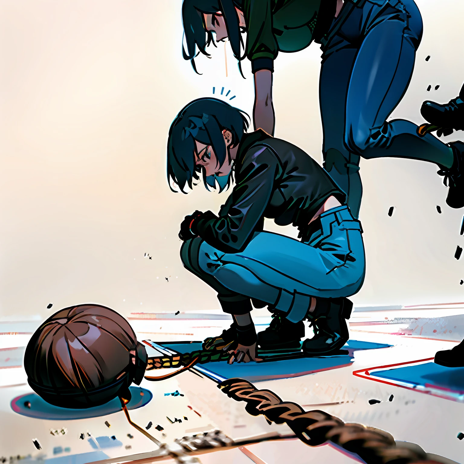 A woman kneels on the ground，Hands and feet are tied by ropes，Whipped by another woman。