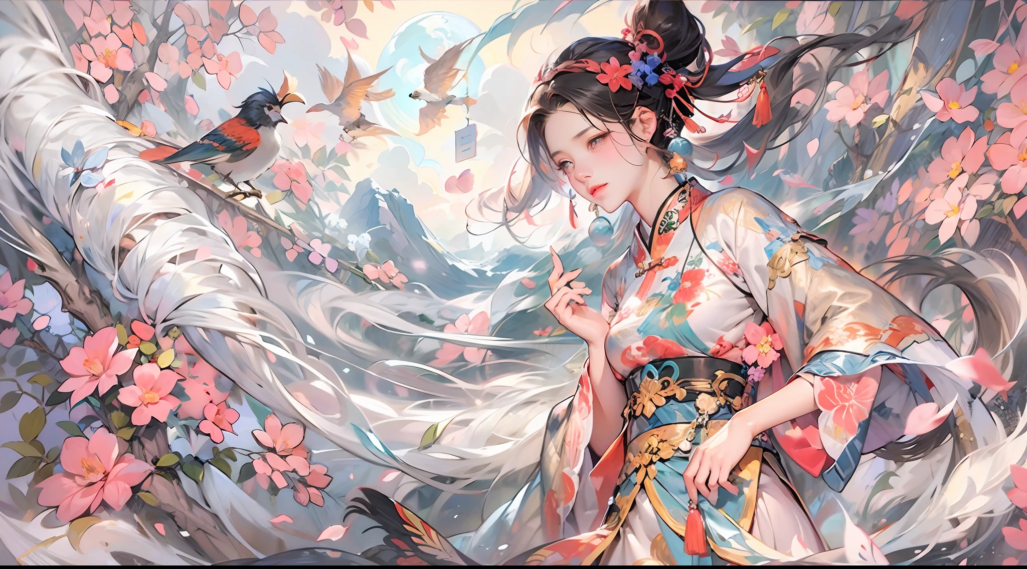 a mural of chinese girl,beautiful eyes,dance,full body,Chinese mythology,flower,auspicious clouds,tree,bird,off-color,lococo,（high quality，extremely detailed，8k：1.5）