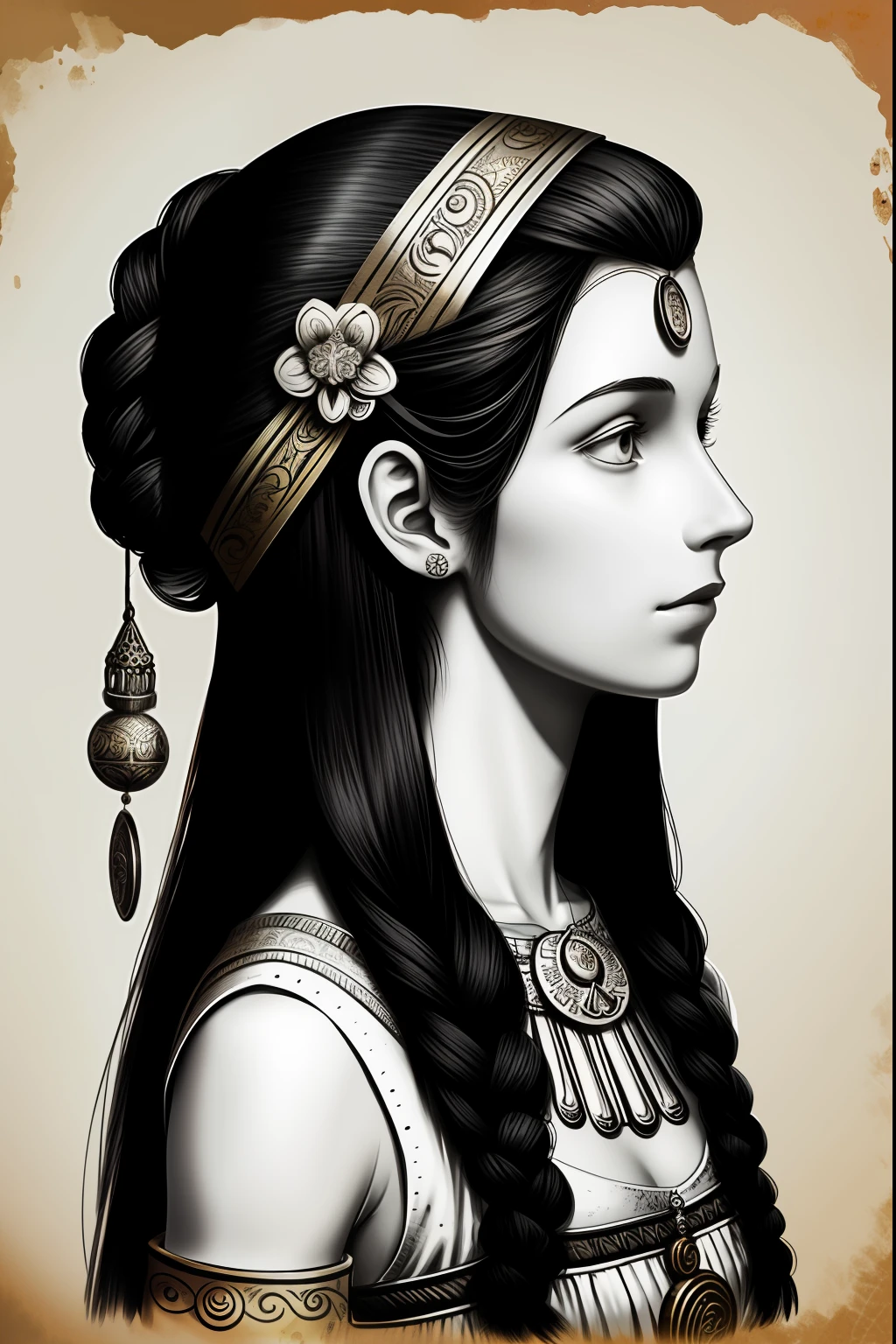 The ink drawings of the coin adorn the hair above the head. Ornaments adorn the woman’s head