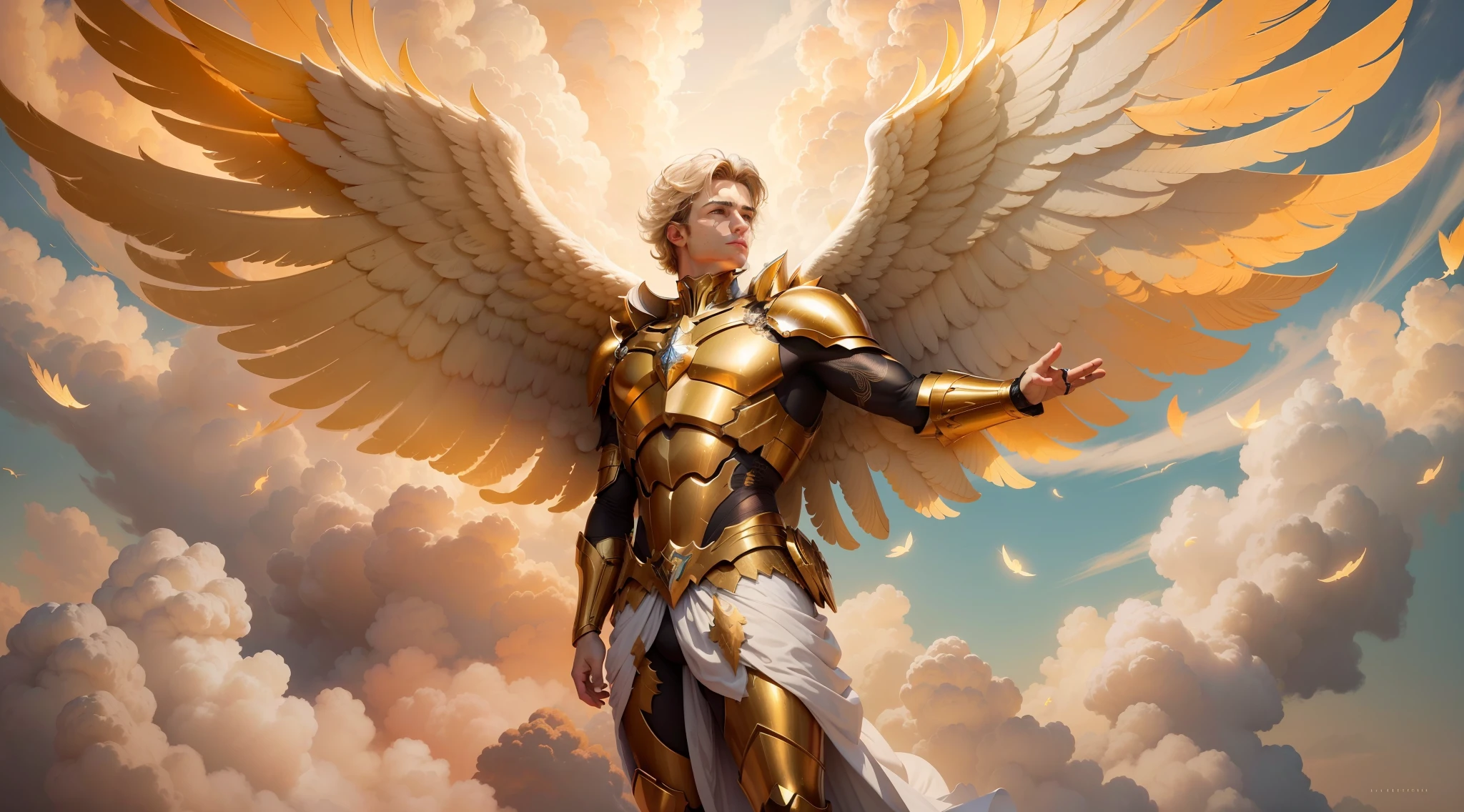 (papel de parede 8k extremamente detalhado), uma pintura realista de um Anjo (masculino) com rosto detalhado e perfeito, com armadura dourada em seu peito, with detailed wings amid the clouds in the sky with golden lights, intrincado, alto detalhe, Dramatic