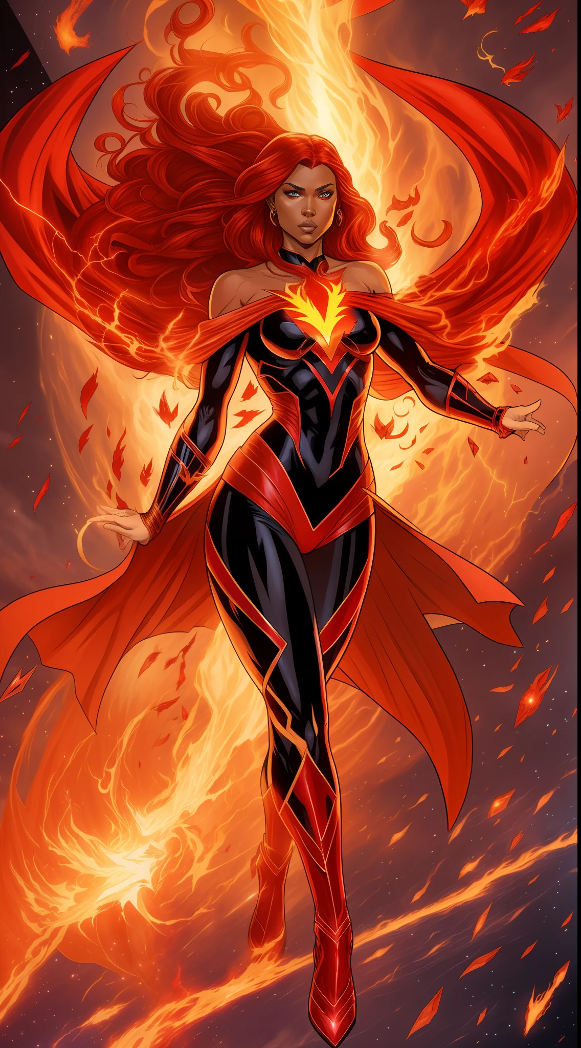 Scarlet Witch and Jean Gray Black Phoenix Fusion, Sexy Body Long Red Hair, Full Body, Power of Creation and Destruction, Flying, black Costume with Scarlet, Phoenix Symbol in the Middle, Red Crown, Flaming Eyes, Cosmic Entity, Powerful, Beautiful Face , Destroyed planets in the background