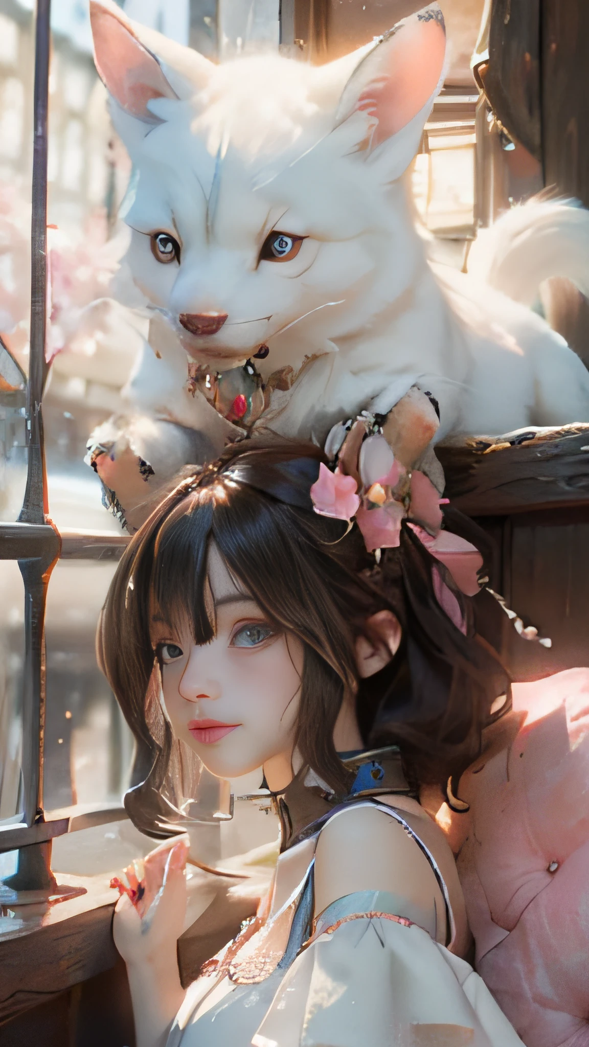 ((best qualtiy)), ((tmasterpiece)), (detail:1.4), Beautiful cyberpunk female images,hdr(HighDynamicRange),Ray traching,NVIDIA RTX,Hyper-Resolution,illusory 5,sub surface scattering,PBR textures,post-proces,Anisotropy Filtering,depth of fields,maximum definition and sharpness,Many-Layer Textures,Albedo e mapas Speculares,Surface coloring,Mitsu-Accurate simulation of material interactions,perfectly proportioned,rendering by octane,Two-colored light,largeaperture,Low ISO,White balance,Rule three points、8K raw data、Beautiful bright blue pupils,off-the-shoulder clothes,Fine pupils,Delicate face and eyes,long eyelasher,Blushlush,Delicate and fluffy hair,pink lip,Pure,Cute face,Sweet girl,Artistic sense,Casual wear,Advancedsense,butterflys,Cherry blossom petal,Beautiful hair accessories,Long hair and waist,Hair fluttering in the wind,Snow-white fox ears,curlies,Snow-white fluffy tail,Positive light,The light from the back window is backlighted