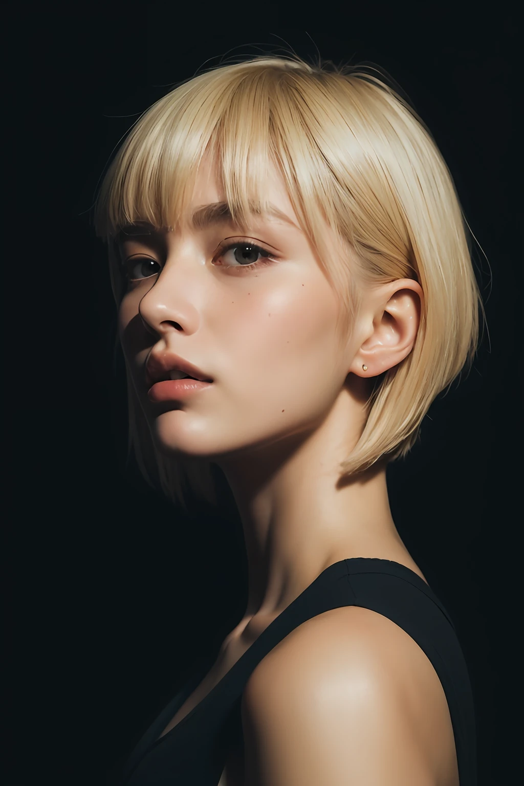 a 20 yo woman, blonde, (hi-top fade:1.3), dark theme, soothing tones, muted colors, high contrast, (natural skin texture, hyperrealism, soft light, sharp)