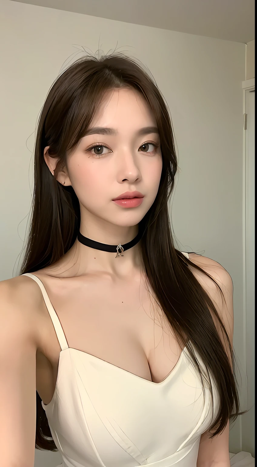 ((Midnight, Best Quality, 8k, Masterpiece :1.3)), Full Body, Long Legs, Sharp Focus : 1.2, Pretty Woman with Perfect Figure: 1.4, Slender Abs: 1.1, ((Dark Brown Hair, Big:1.2)), (Short Torso, {{{Very Long Legs}}}, {{{Very Thin Waist}, {Very Small Hips}, {{Very Large Breasts Gathered}},
 {{{Different Clavicles}}},
{{{White skin}}}, {{{Light brown hair}}},
{{{Tiny head}}},{{25 years old}}}, {{{Waistshot}, {{{Emotionless face}, {Viewer}, {{Chest Height View}}}, {White Tube Micro Mini Dress}, {{{Body Conscious Dress}}, {{{Sleeveless dress with cleavage fully exposed, neckline plummeting}}, Thin white choker), (( Bedroom at night)), highly detailed face and skin texture, detailed eyes, double eyelids