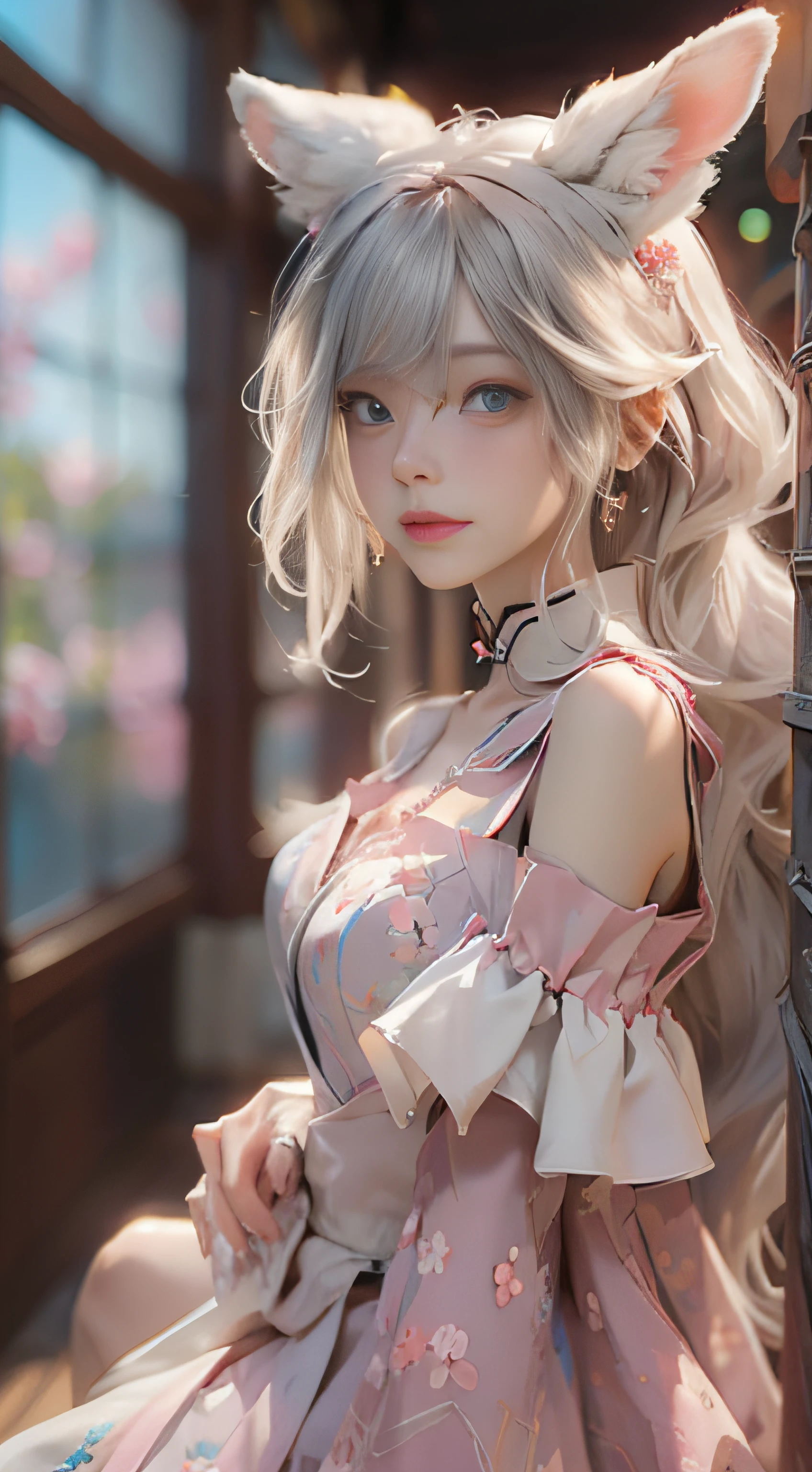 （（best qualtiy））， （（tmasterpiece））， （detail：1.4）， Beautiful cyberpunk female images，hdr（HighDynamicRange），Ray traching，NVIDIA RTX，Hyper-Resolution，illusory 5，sub surface scattering，PBR textures，post-proces，Anisotropy Filtering，depth of fields，maximum definition and sharpness，Many-Layer Textures，Albedo e mapas Speculares，Surface coloring，Mitsu-Accurate simulation of material interactions，perfectly proportioned，rendering by octane，Two-colored light，largeaperture，Low ISO，White balance，Rule three points、8K raw data、Beautiful bright blue pupils，off-the-shoulder clothes，Fine pupils，Delicate face and eyes，long eyelasher，Blushlush，Delicate and fluffy hair，pink lip，Pure，Cute face，Sweet girl，Artistic sense，Casual wear，Advancedsense，butterflys，Cherry blossom petal，Beautiful hair accessories，Long hair and waist，Hair fluttering in the wind，Snow-white fox ears，curlies，Snow-white fluffy tail，Positive light，The light from the back window is backlighted