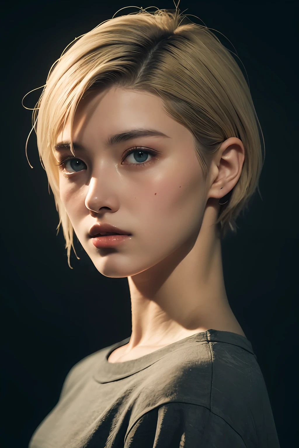 a 20 yo woman, blonde, (hi-top fade:1.3), dark theme, soothing tones, muted colors, high contrast, (natural skin texture, hyperrealism, soft light, sharp)