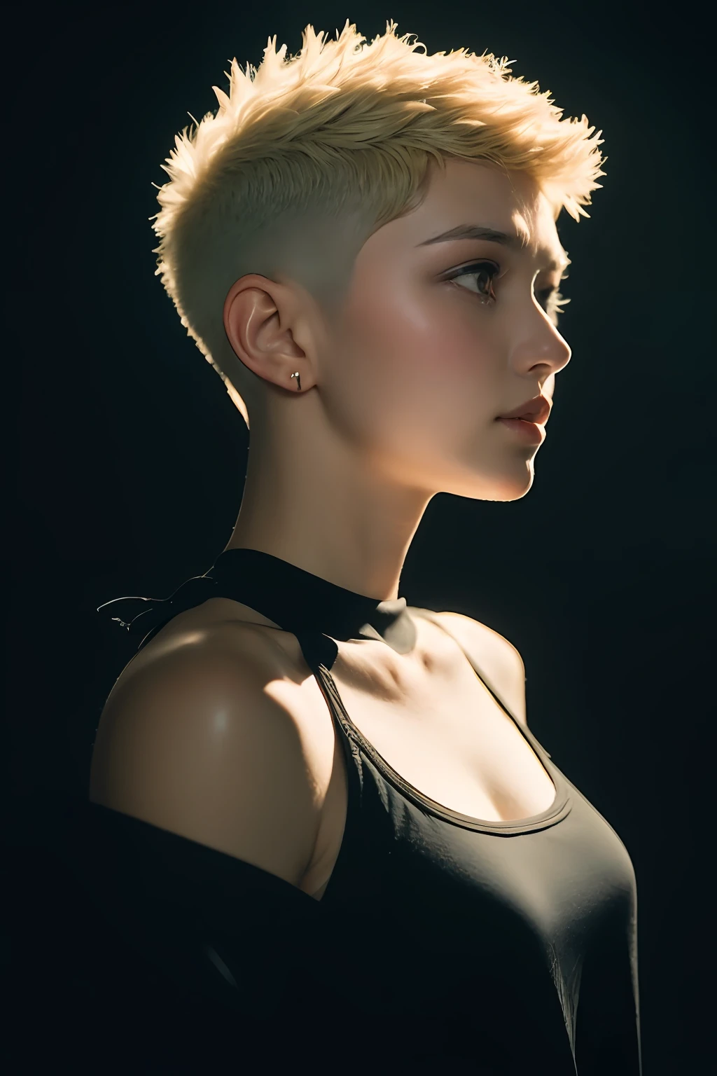 a 20 yo woman, blonde, (hi-top fade:1.3), dark theme, soothing tones, muted colors, high contrast, (natural skin texture, hyperrealism, soft light, sharp)