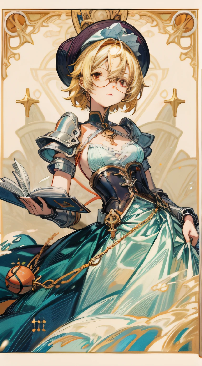 (Marco),Perfect ,don quixote \(limbus company\, Naked、Blonde hair, a beauty girl、eye glasses、middlebreasts、Short hair, hair between eye, Orange Eyes、String bra、pierced nipple、Chain scientist hat from the nipple、Basketball Hand、armor、`She has a book and a sword、(Bachelor's degree in Medieval Europe )、Cowboy style、hiqcgbody
