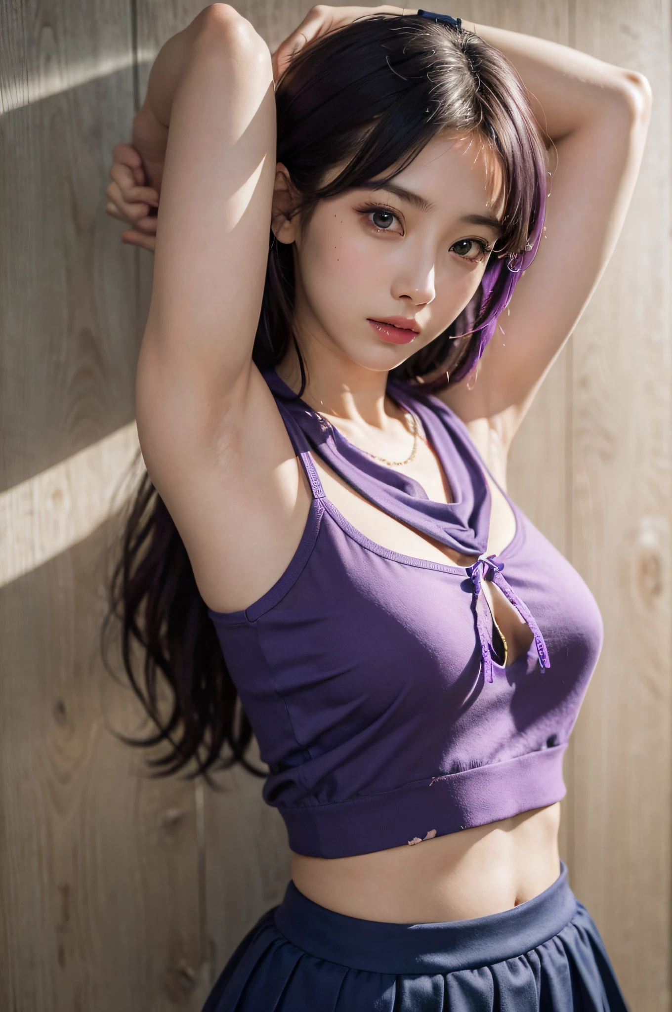 (A hyper-realistic), (illustratio), (hight resolution), (in 8K), (ighly detailed), (The best illustrations), (beatiful detailed eyes), (top-quality), (ultra-detailliert), (​masterpiece), (wall-paper), (详细的脸), Reluctant face,Beautiful armpits,Hands tied,Purple hair color, ,Upper body close-up,Girl in high school uniform,Clothes are torn, japanes, Colossal tits, (camel's toe)
