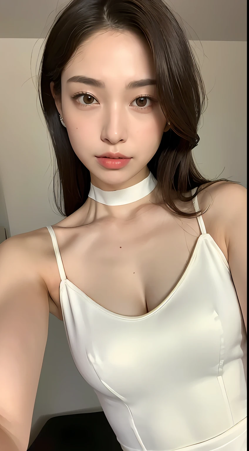 ((Midnight, Best Quality, 8k, Masterpiece :1.3)), Full Body, Long Legs, Sharp Focus : 1.2, Pretty Woman with Perfect Figure: 1.4, Slender Abs: 1.1, ((Dark Brown Hair, Big:1.2)), (Short Torso, {{{Very Long Legs}}}, {{{Very Thin Waist}, {Very Small Hips}, {{Very Large Breasts Gathered}},
{{{Different Clavicles}}},
{{{White skin}}}, {{{Light brown hair}}},
{{{Tiny head}}},{{25 years old}}}, {{{Waistshot}, {{{Emotionless face}, {Viewer}, {{Chest Height View}}}, {White Tube Micro Mini Dress}, {{{Body Conscious Dress}}, {{{Sleeveless dress with cleavage fully exposed, neckline plummeting}}, Thin white choker), (( Bedroom at night)), highly detailed face and skin texture, detailed eyes, double eyelids