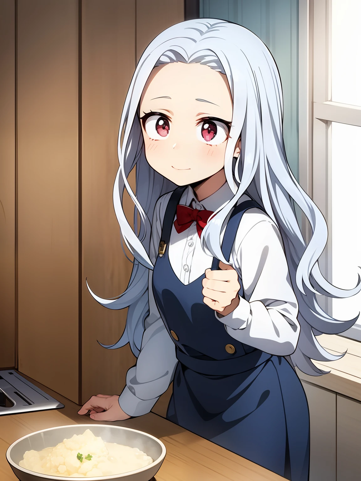Eri chan in the kitchen , white hair, short height, pleasant environment, super detailed, high quality