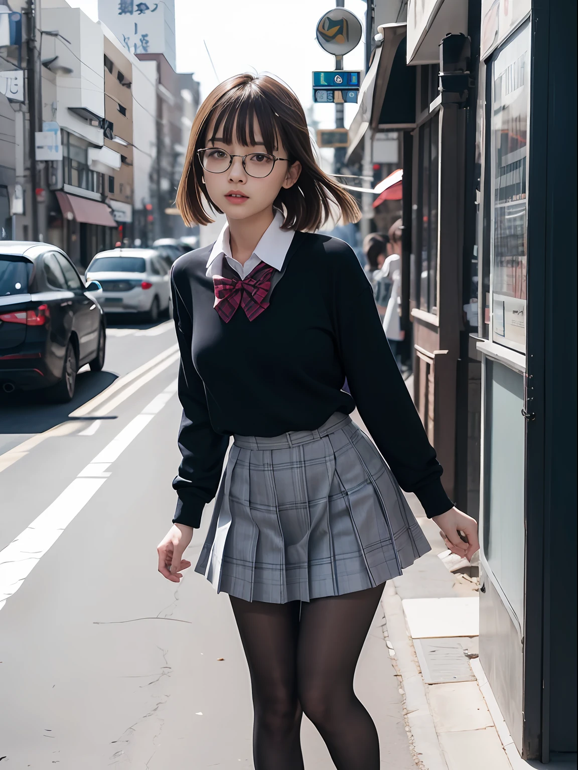 （8K、Raw photography、top-quality、​masterpiece：1.2),de pele branca,Black pantyhose,absurderes,a small face,small tits,flat breast,Parting the bangs from the middle、Forehead visible,(Tight eyes,Bullish,skinny,Rasping,irate)、​masterpiece,top-quality、超A high resolution,Raw photo,ren,Beautiful fece,One Person, 独奏,eye glass,,Dark look,Small breasts,fullllbody,Round glasses、cute little、JK school uniform,hi-school girl,A Japanese Lady,is standing,(Tight eyes,Bullish,skinny,Rasping,irate,small tits,flat breast)、（Photorealsitic：1.37）、Photon mapping,Light blue ribbon,Realistic、Cute little face,Brown-eyed、Black socks、(Red bow tie)、Radio City、Physically Based Rendering、Foreground、depth of fields、Blurry background、a picture,The girls、Body,beauty legs, Long legs, Thin leg,poneyTail,(Bangs are visible), hair, s lips, Blue_The eye, nosesoft,White shirt, Navy blue and white plaid pleated skirt, Knees are visible,Sheer clothing,, Thigh, Black cotton socks,Nogizaka Idol, 女優, Japanese ido