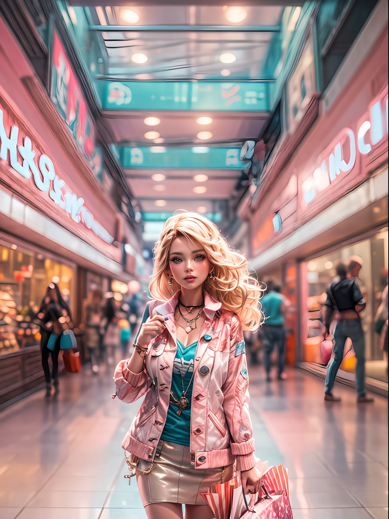 (masterpiece, high resolution, CGI, official art:1.3), (CGI rendering of a Barbie-like blonde doll model:1.2), (walking in a vibrant shopping mall:1.2), (Sony Alpha 1 camera, renowned for capturing exceptional detail in CGI:1.2), (paired with the Sony FE 24-70mm f/2.8 GM lens for a stylish street snap:1.2), (the doll model with flawless and symmetrical features:1.1), (her long blonde hair flowing in the wind:1.1), (Sony Alpha 1 camera capturing the intricate textures and vibrant colors of her CGI attire:1.2), (dressed in head-to-toe pink clothing, resembling Barbie's iconic style:1.2), (her outfit featuring a pink top, pink skirt, pink shoes, and pink accessories:1.1), (strutting confidently with a playful expression:1.1), (the shopping mall bustling with activity and vibrant shop displays:1.1), (the CGI rendering creating a lifelike and eye-catching scene:1.1), (shoppers and passersby casting curious glances at the doll model:1.1), (a mix of pastel and neon lights adding to the dynamic and trendy atmosphere:1.1), (the street snap capturing the essence of modern fashion and pop culture:1.1), (a moment frozen in time, showcasing the doll model's stylish and fashionable persona:1.1), (an image that brings to life the fun and chic world of a Barbie-inspired doll in a bustling shopping scene:1.1), Cinematic, Hyper-detailed, insane details, Beautifully color graded, Unreal Engine, DOF, Super-Resolution, Megapixel, Cinematic Lightning, Anti-Aliasing, FKAA, TXAA, RTX, SSAO, Post Processing, Post Production, Tone Mapping, CGI, VFX, SFX, Insanely detailed and intricate, Hyper maximalist, Hyper realistic, Volumetric, Photorealistic, ultra photoreal, ultra-detailed, intricate details, 8K, Super detailed, Full color, Volumetric lightning, HDR, Realistic, Unreal Engine, 16K, Sharp focus, Octane render