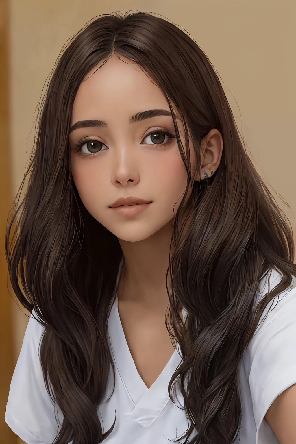 Morena, cabelo preto e cumprido, peito grande
