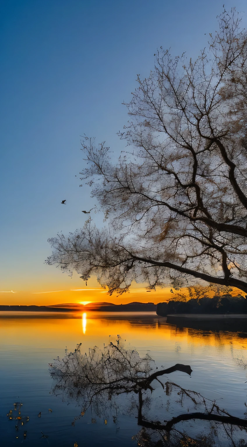 ((masterpiece)), ((best quality)), 8k, high detailed, ultra-detailed,
In a sunrise scene, the sun rises slowly, painting the sky in hues of orange and gold. Its warm rays gently illuminate the surroundings, casting a magical glow. The reflection of the sun dances on the surface of the calm lake, creating ripples that expand in perfect circles. A gentle breeze rustles through the leaves, creating a soothing whispering sound. Birds perch on branches, filling the air with their joyous melodies. All these elements come together to form a serene and beautiful sunrise scene, where nature awakens with tranquility and beauty.