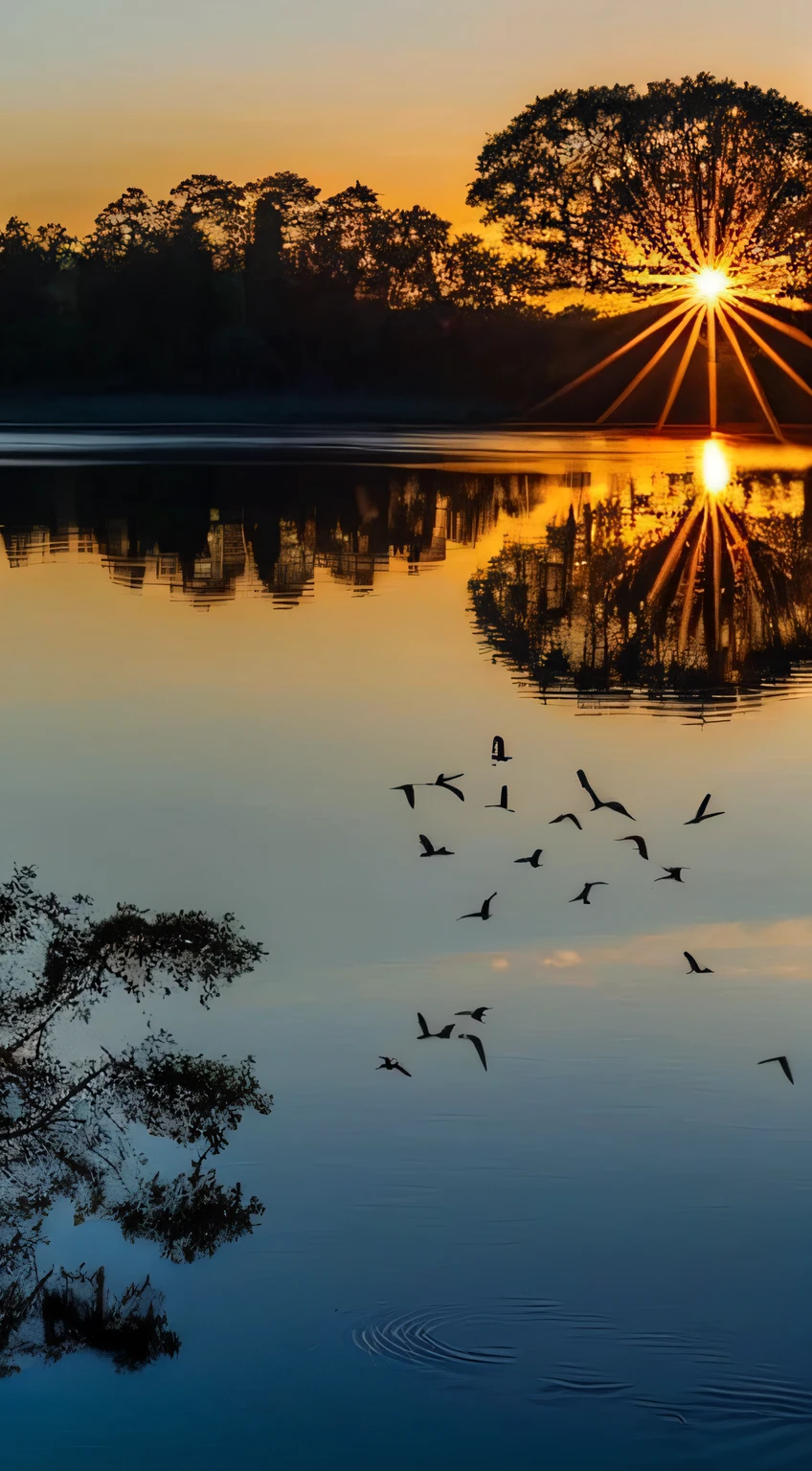 ((masterpiece)), ((best quality)), 8k, high detailed, ultra-detailed,
In a sunrise scene, the sun rises slowly, painting the sky in hues of orange and gold. Its warm rays gently illuminate the surroundings, casting a magical glow. The reflection of the sun dances on the surface of the calm lake, creating ripples that expand in perfect circles. A gentle breeze rustles through the leaves, creating a soothing whispering sound. Birds perch on branches, filling the air with their joyous melodies. All these elements come together to form a serene and beautiful sunrise scene, where nature awakens with tranquility and beauty.