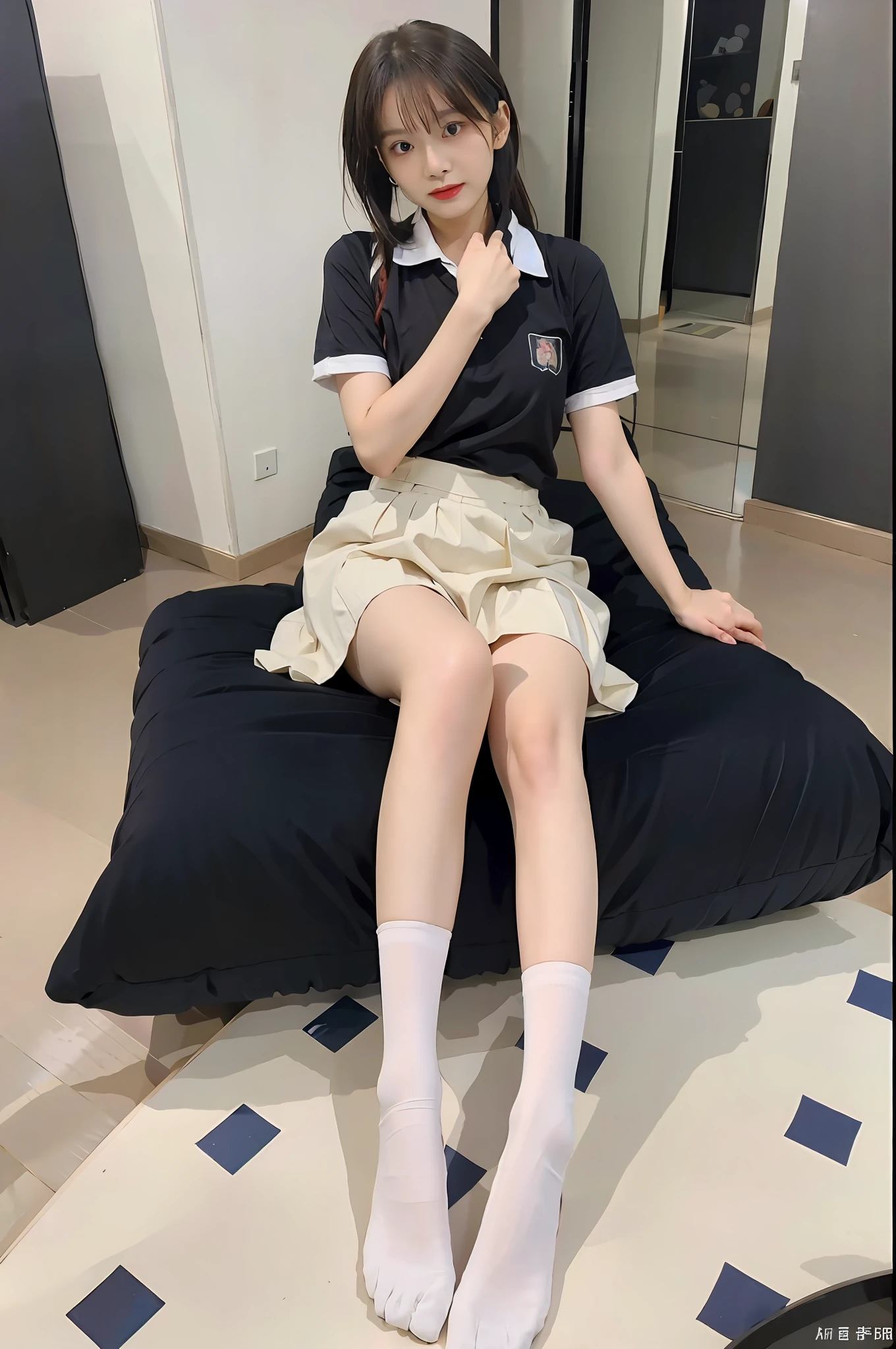 looks into camera,Pupil correction,Best quality at best,tmasterpiece,超高分辨率,(realisticlying:1.4),teens girl,Juvenile,Wear socks,High ponytail
