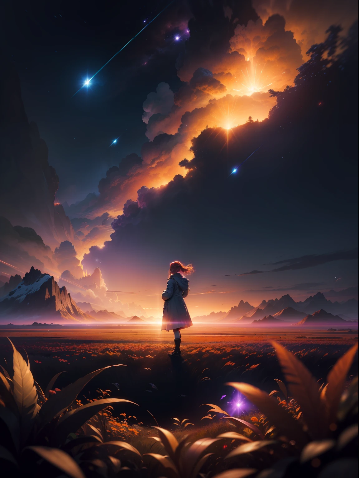 Vast landscape photo, (look from down,Sky above and open space below), Girl standing in a flower field and looking up, Wear a white coat,red tinted hair,Face away from the picture, (meteors: 2.9), (Starcloud: 1.3), Distant mountains, Tree BREAK Production Art, (Warm light source: 1.2), (Firefly: 1.2), lots of purples and oranges, intricately details, Volumetric lighting BREAK (Masterpiece:1.2), (Best quality), 4K, Ultra detail, (Dynamic composition:1.4), High detail, Colorful detailed,( glitters:0.5), ( luminouslighting, Atmospheric lighting), Dreamy, magical, (Solo:1.2),From Aknet chromatic aberration, chiaroscuro, sparkle, god rays, diffraction spikes