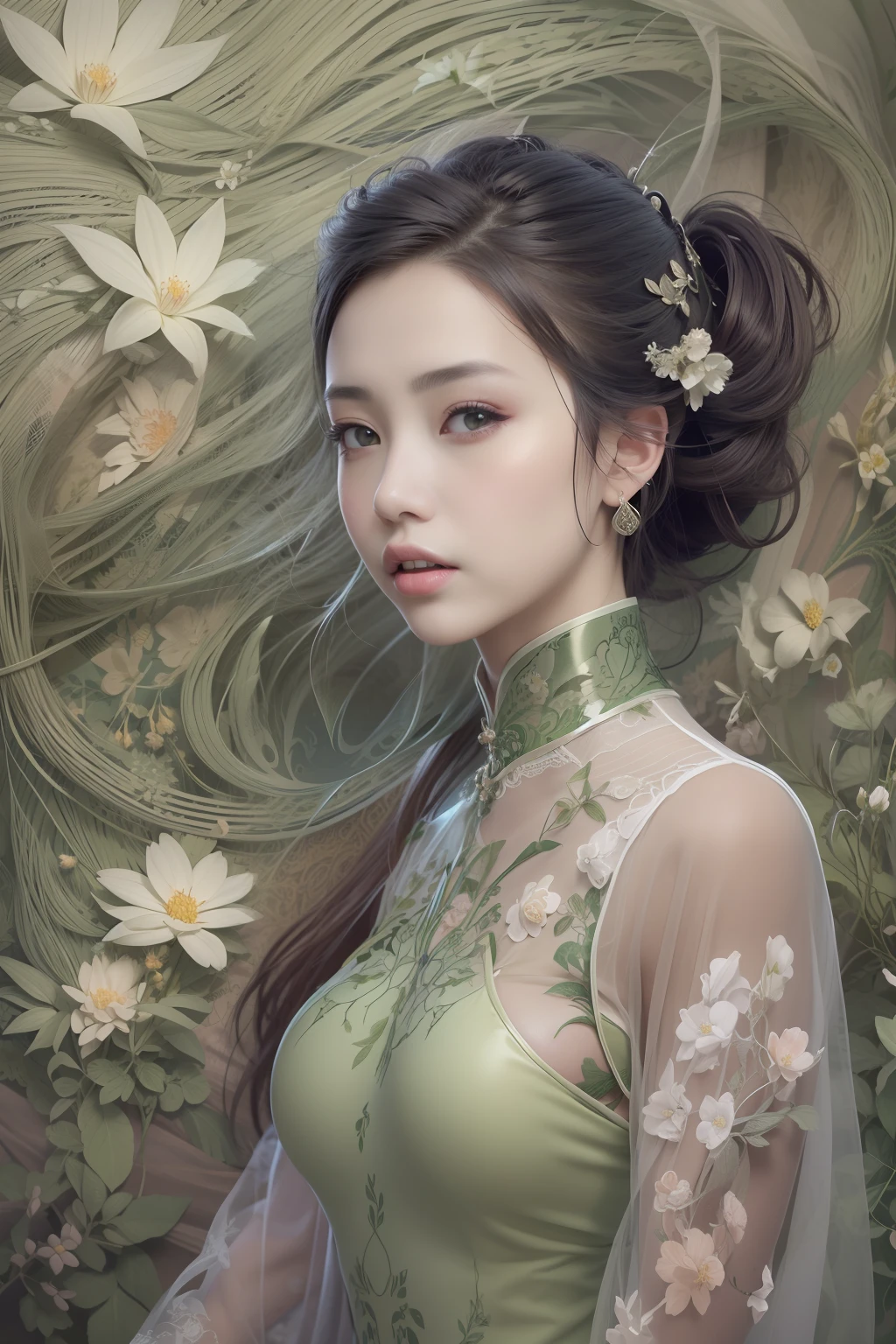 (surrealistic), (illustratio), (hight resolution), (8K), (ighly detailed), (The best illustrations), (beatiful detailed eyes), (top-quality), (ultra-detailliert), (masterpiece), (wall-paper), (详细的脸),Photo of a woman wearing a light green sheer ao dai with a floral pattern、top-quality、masterpiece、(realisitic:1.2)