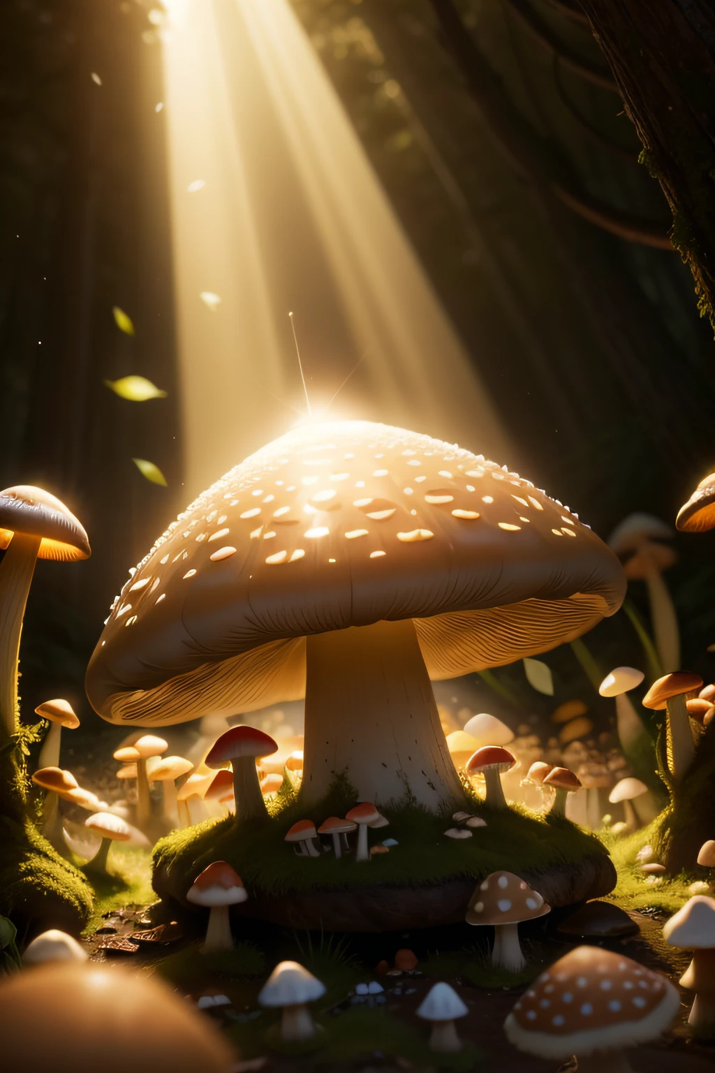 The holy light shines on a number of mushrooms