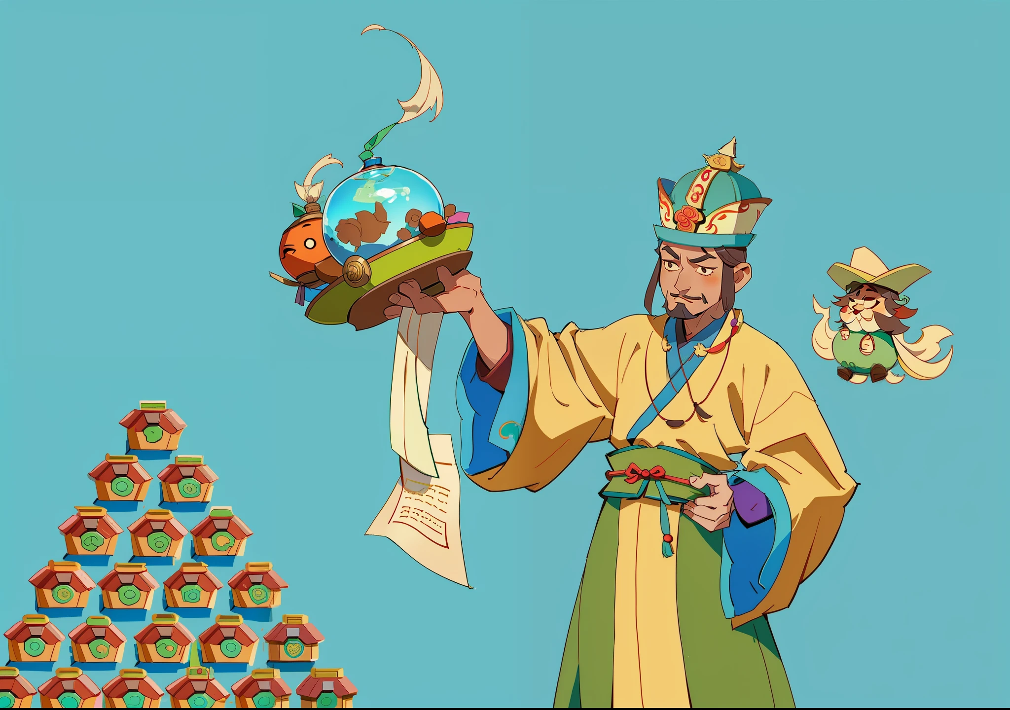 a drawing,A man in a robe and hat holds a piece of paper, Inspired by the Guan nobility, inspired by Emperor Huizong of Song, inspired by Dong Yuan, inspired by Gu An, inspired by Lü Ji, Wearing ancient Chinese clothes,Flat coating,، simple