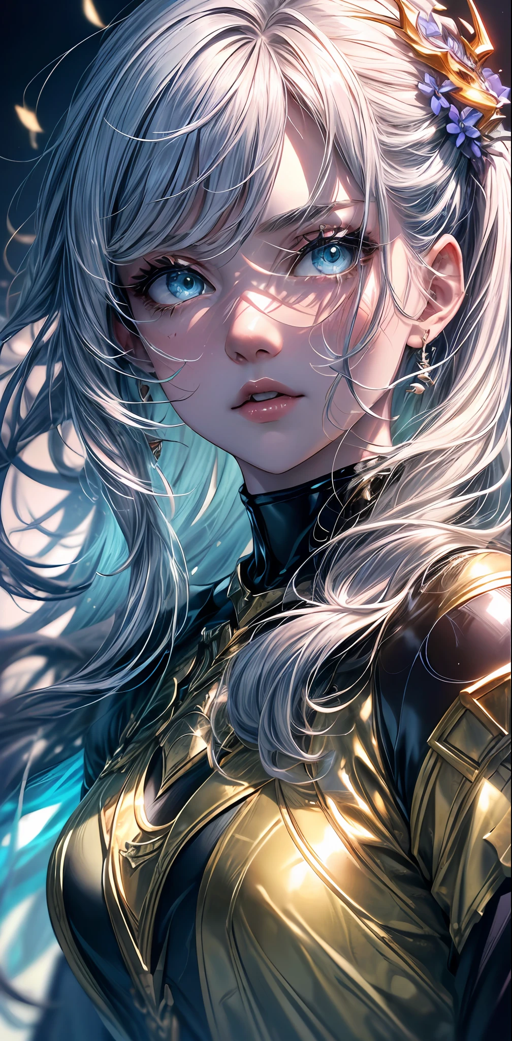 (An epic scene:1.3) featuring a (fierce:1.2, powerful:1.1) (red dragon:1.3) and a (badass:1.2) (girl:1.1) in (black armor:1.2).best picture quality, higher quality, high detail, super high resolution, 8k resolution, depth of field, Cinematography, Intricate detail, Elaborate, Meticulous, Magnificent, Maximum detail, Extreme beauty, (((1girl, solo))), 18age, Long hair, multicolor hair, White skin, Realistic, Masterpiece, (best picture quality), higher quality, high detail, super high resolution, panorama, exquisite facial features, perfect face, glowing skin, dreamy background, women, girls, angels, mini girls, (masterpiece), (best quality), (ultra detailed),(disheveled hair),(illustration), (1girl), (Fashionable clothing), standing, Fashion model, looking at viewer, (interview), (simple background),beautiful detailed eyes, delicate beautiful face, Floating,(high saturation),(colorful splashes),colorful bubble,(shining), focus on face, ponytail, kamisato ayaka, light blue hair, bangs, hair ring, floating flowers, floating hairs, (shining), best lighting, best shadow,perfect hand