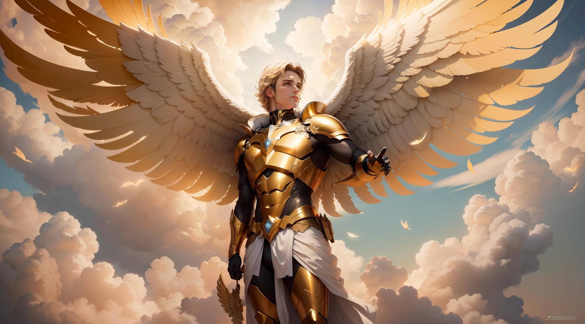 (papel de parede 8k extremamente detalhado), uma pintura realista de um Anjo (masculino) com rosto detalhado e perfeito, com armadura dourada em seu peito, with detailed wings amid the clouds in the sky with golden lights, intrincado, alto detalhe, Dramatic
