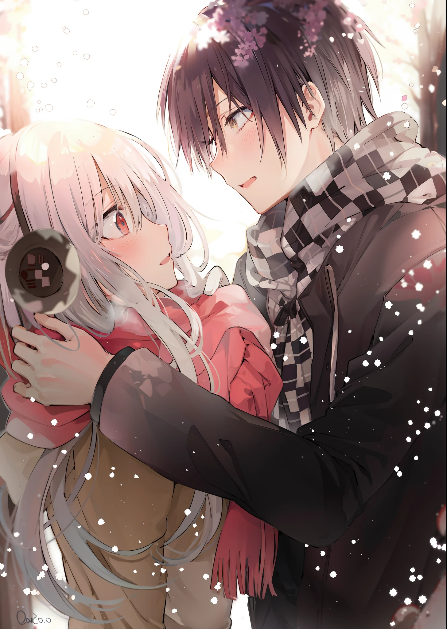 Anime couple hugging in the snow with a camera, Nevando, Anime Wallaper, shoujo romance, night core, Romantic!!!, Anime bonito, Ilustrativos!!, anime bonito, hd Anime Wallaper, anime asthetic, so cute, frio, cabelos brancos, amante de anime, seasons!! : 🌸 ☀ 🍂 ❄, 4 k manga wallpaper, Fotos A-1
